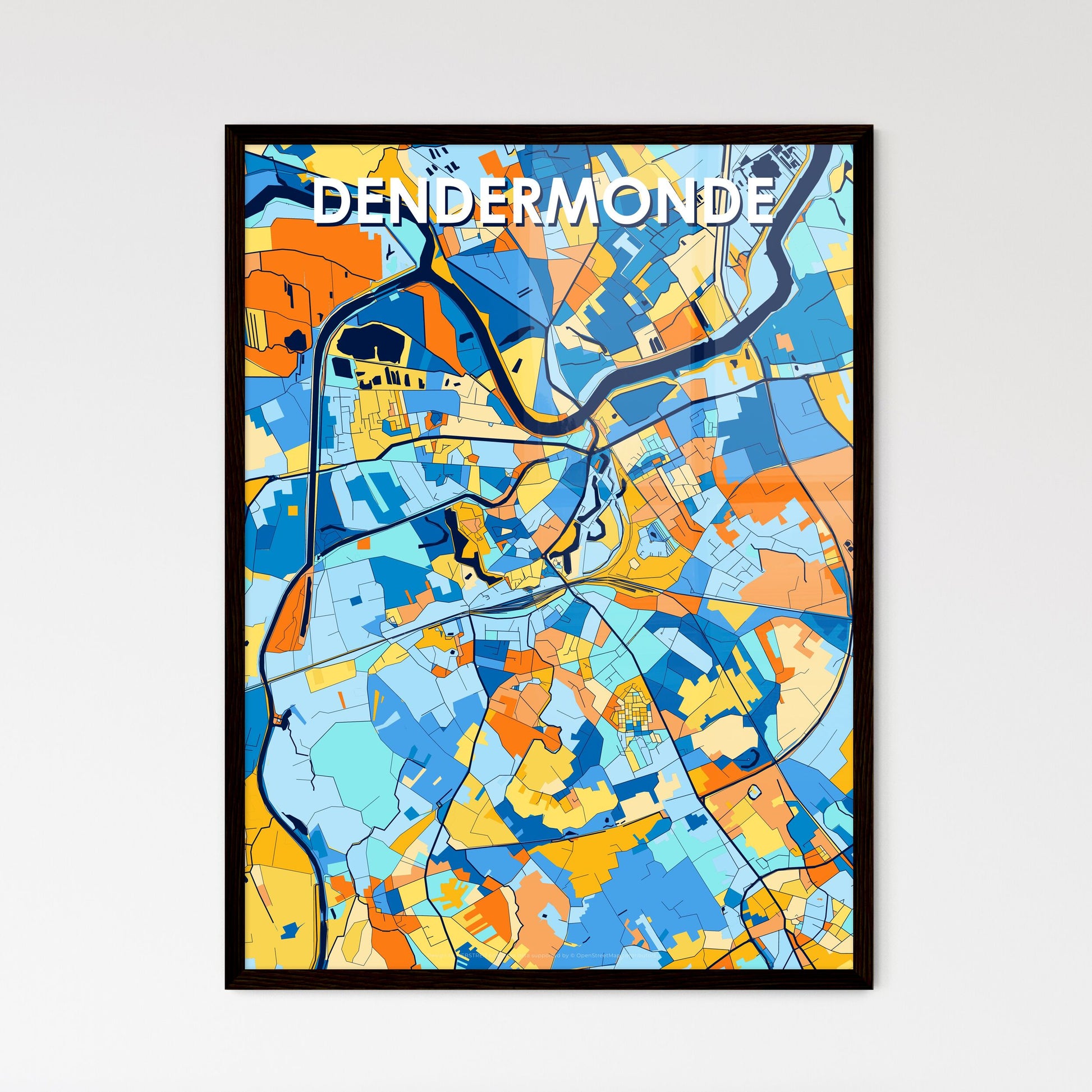 DENDERMONDE BELGIUM Vibrant Colorful Art Map Poster Blue Orange