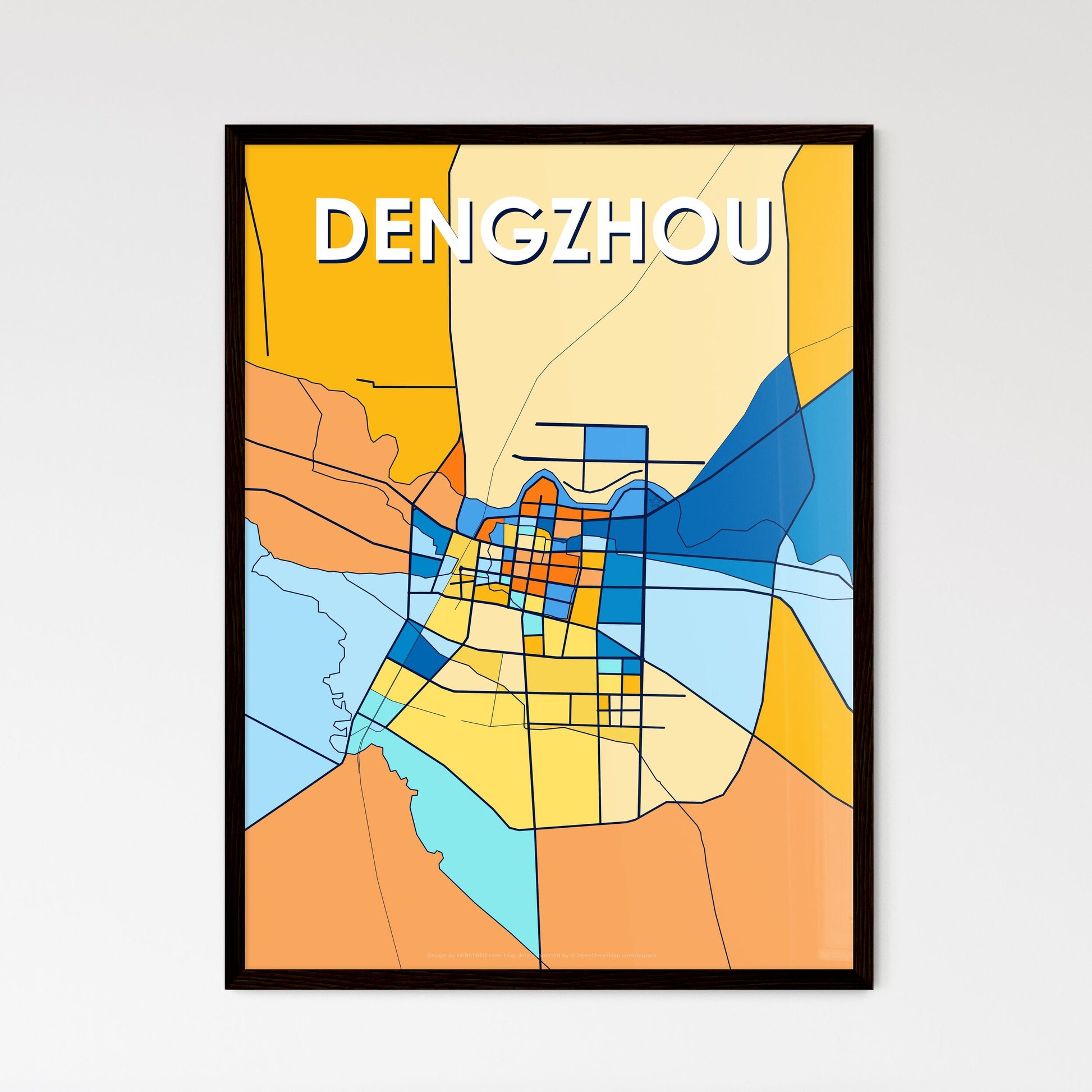 DENGZHOU CHINA Vibrant Colorful Art Map Poster Blue Orange