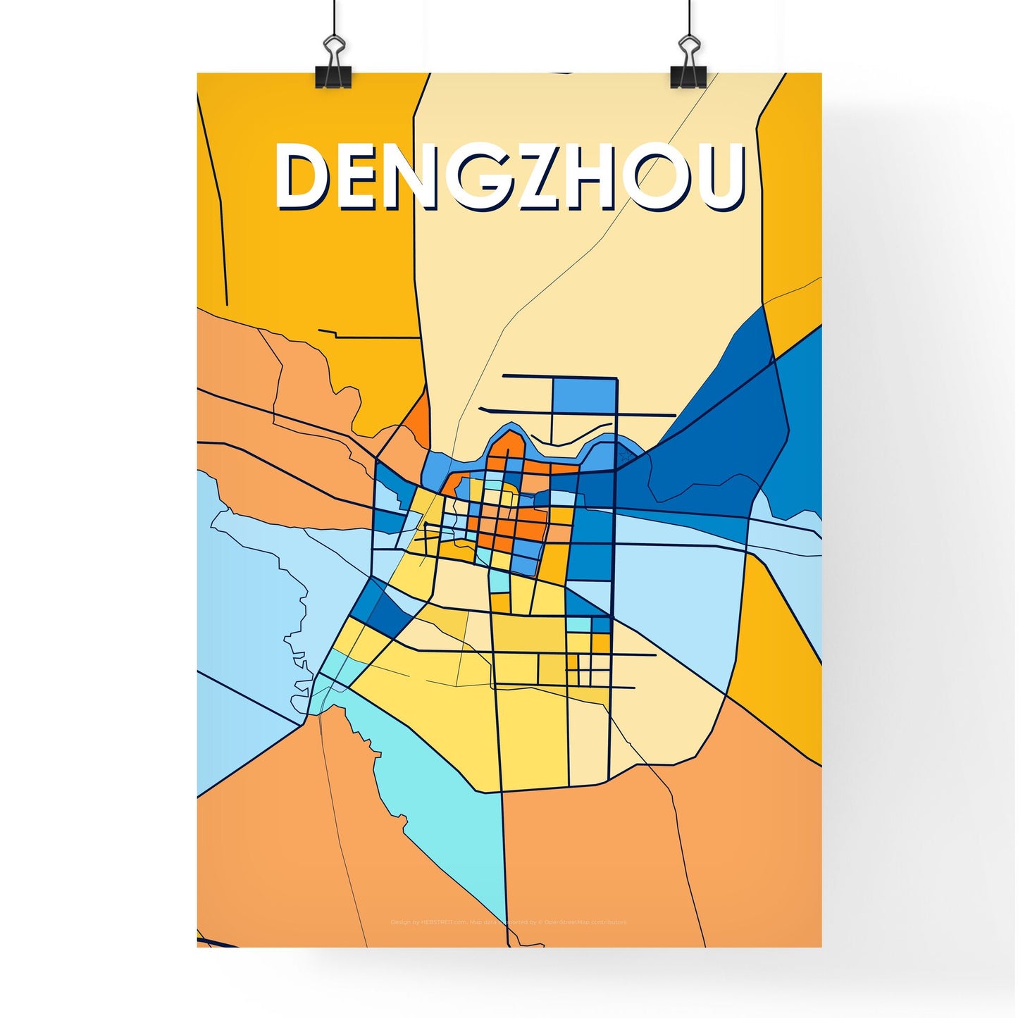 DENGZHOU CHINA Vibrant Colorful Art Map Poster Blue Orange