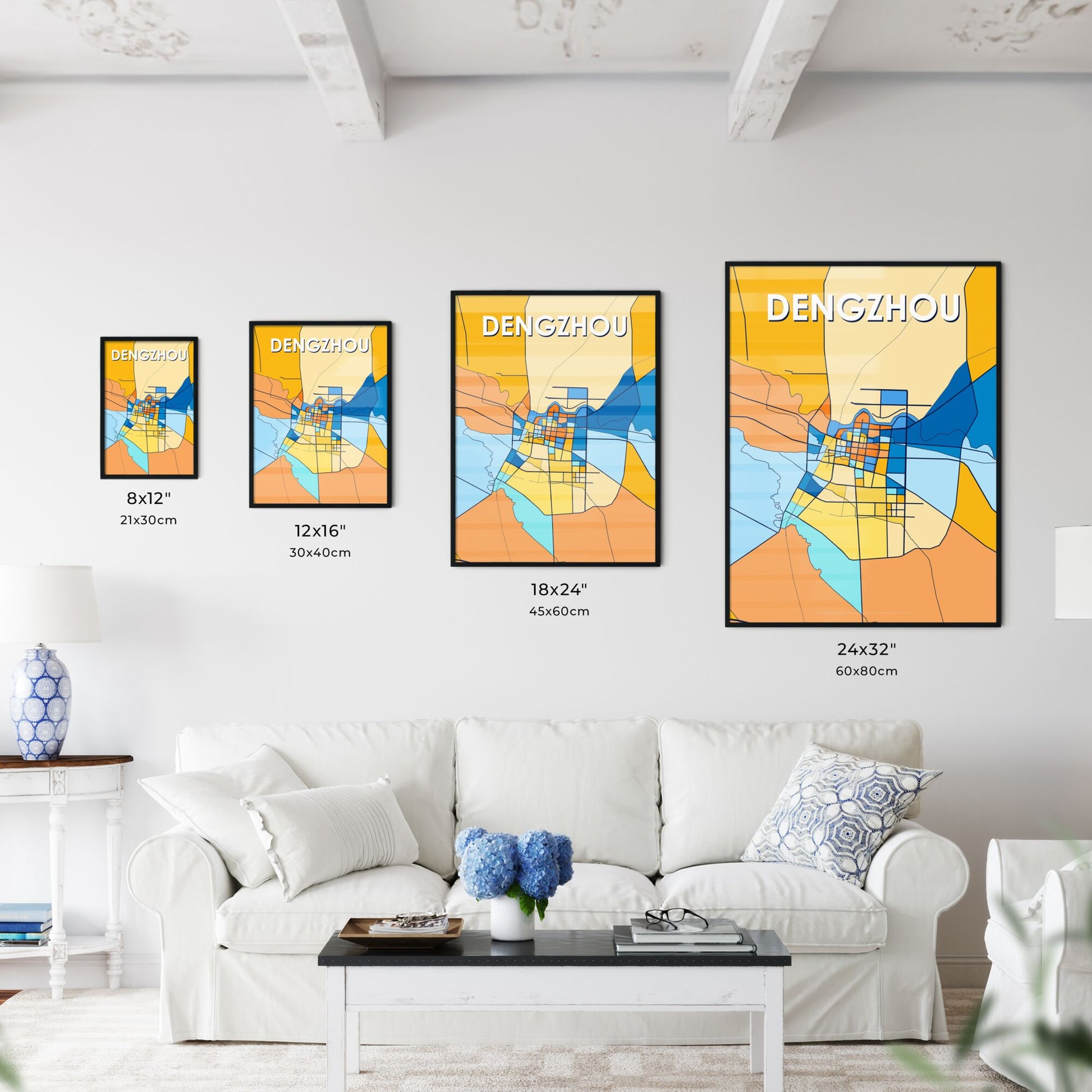 DENGZHOU CHINA Vibrant Colorful Art Map Poster Blue Orange