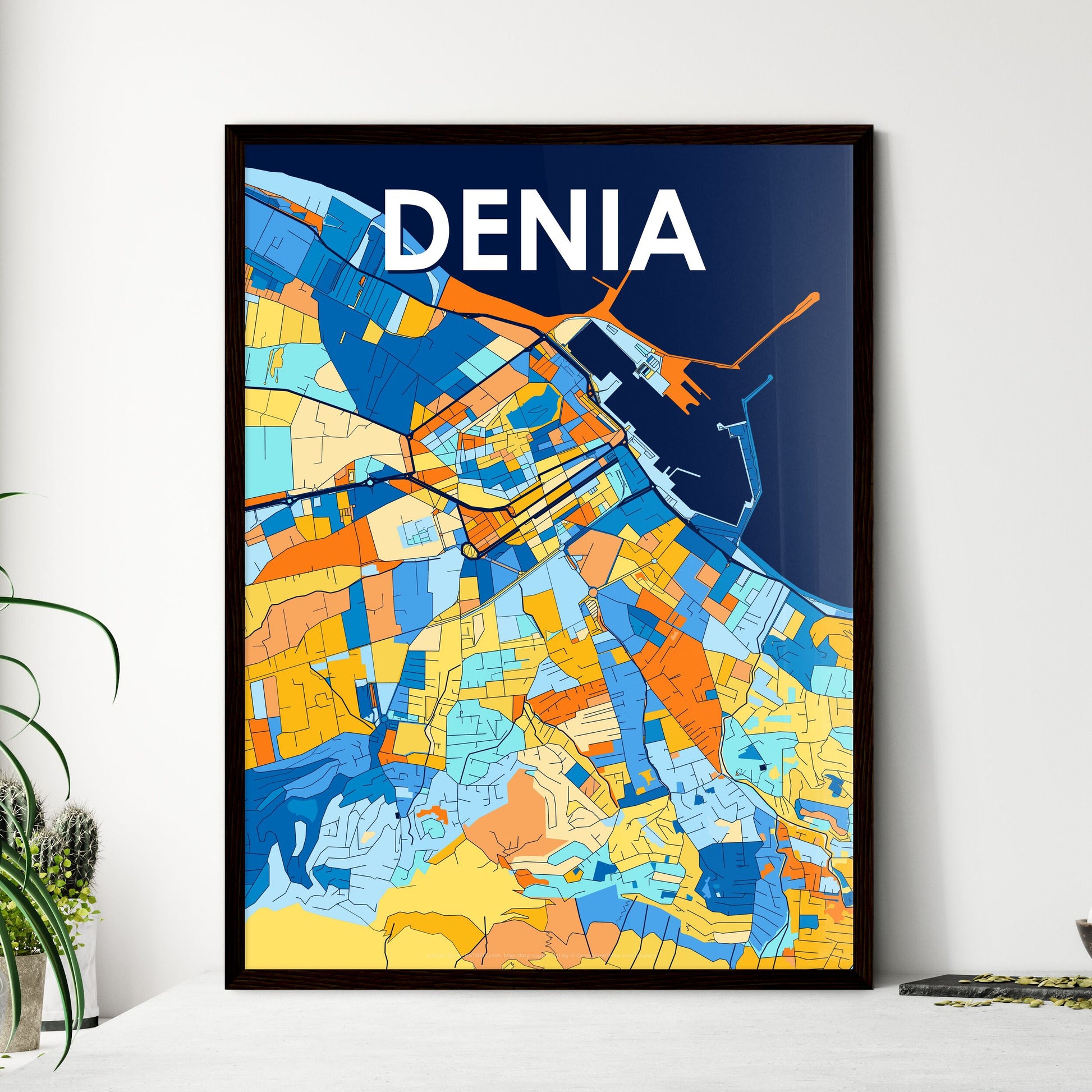 DENIA SPAIN Vibrant Colorful Art Map Poster Blue Orange