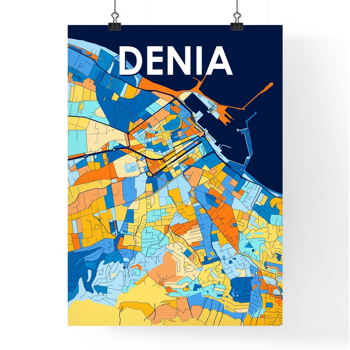 DENIA SPAIN Vibrant Colorful Art Map Poster Blue Orange