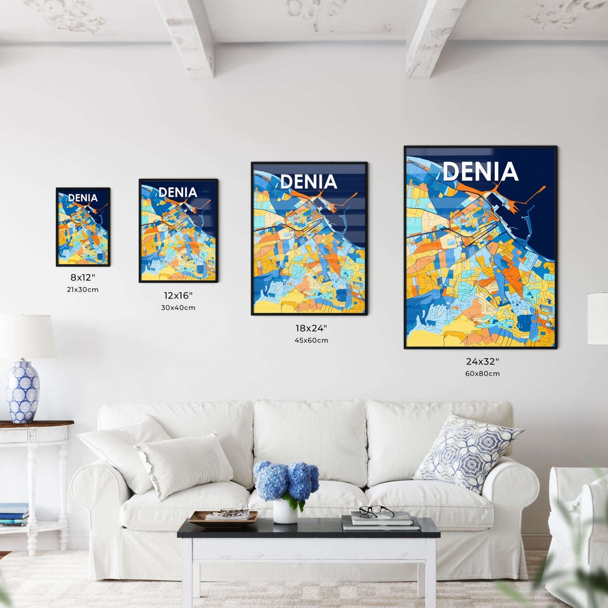 DENIA SPAIN Vibrant Colorful Art Map Poster Blue Orange