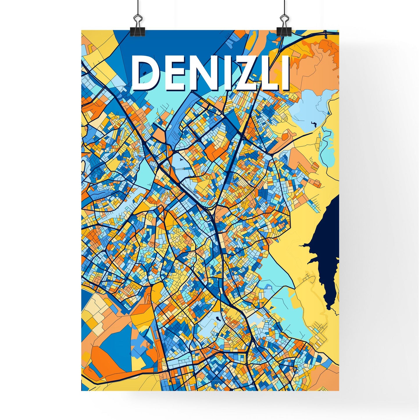 DENIZLI TURKEY Vibrant Colorful Art Map Poster Blue Orange