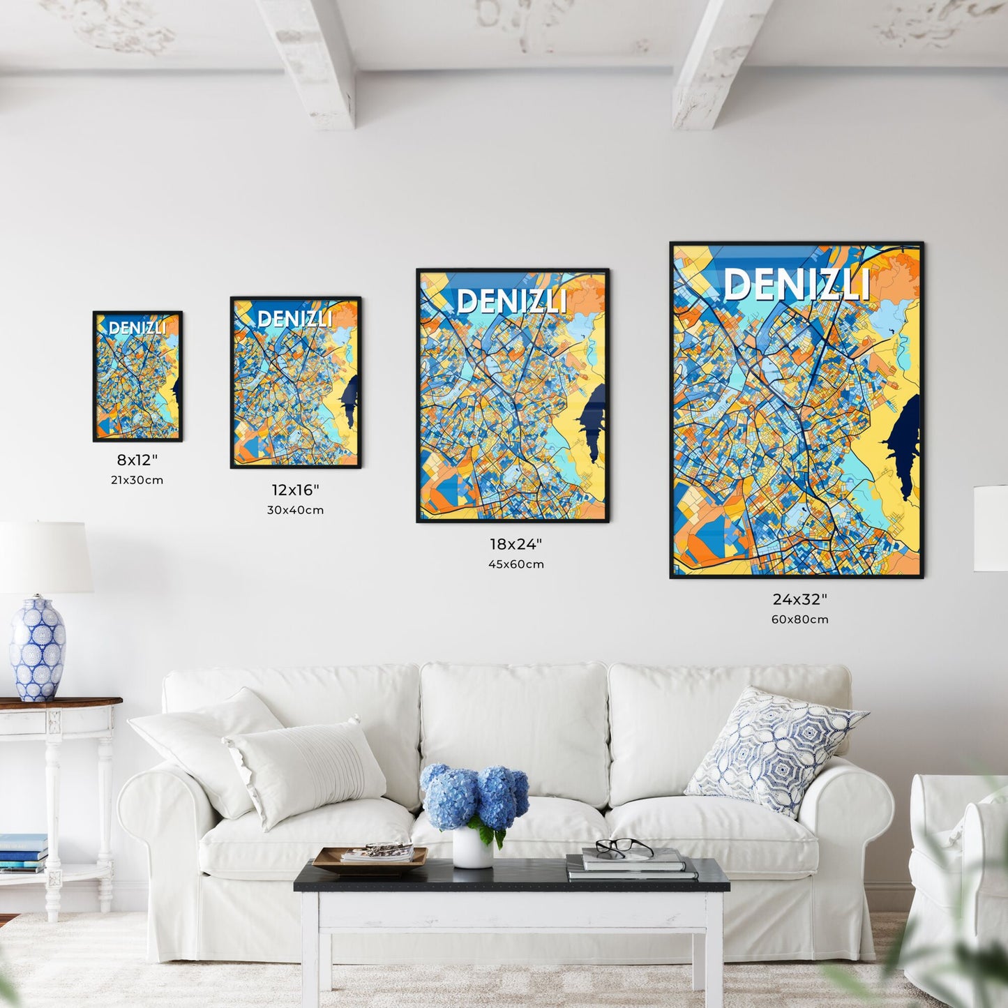 DENIZLI TURKEY Vibrant Colorful Art Map Poster Blue Orange