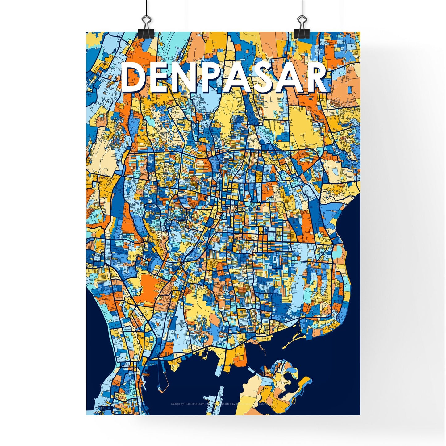 DENPASAR INDONESIA Vibrant Colorful Art Map Poster Blue Orange