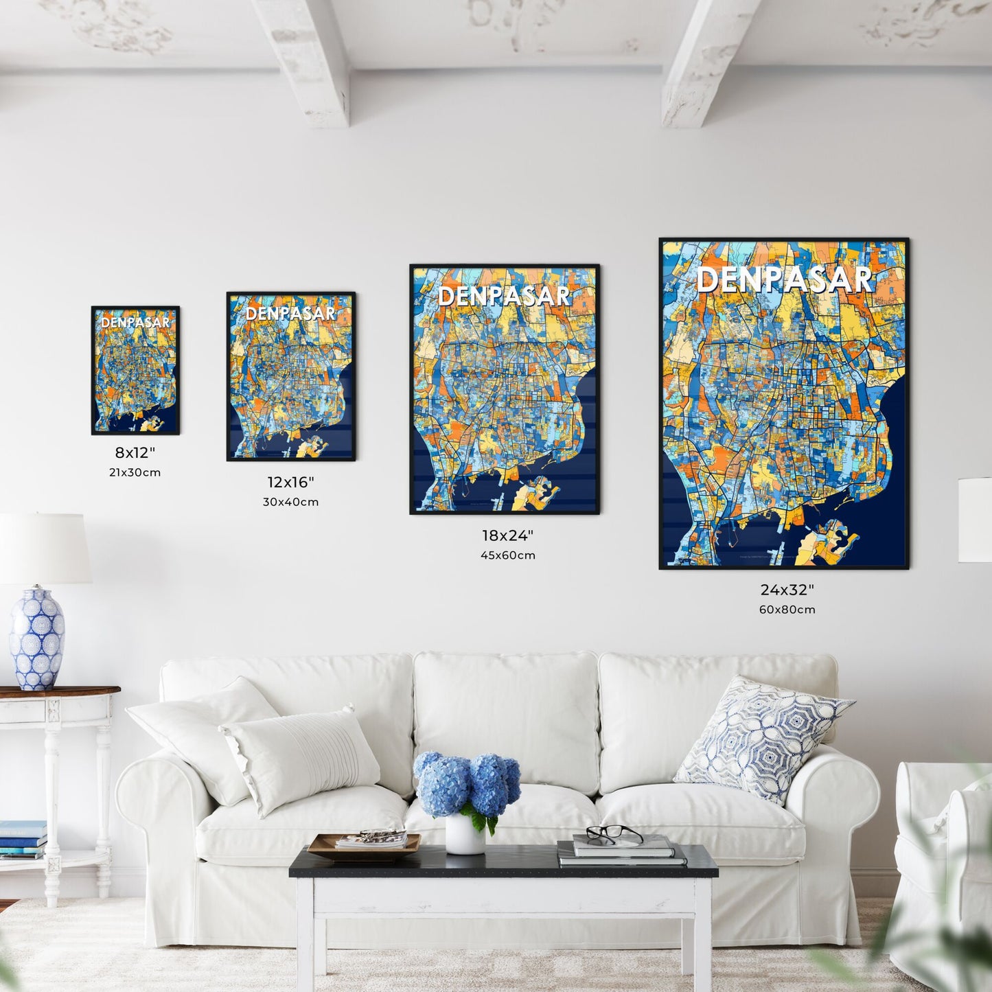 DENPASAR INDONESIA Vibrant Colorful Art Map Poster Blue Orange