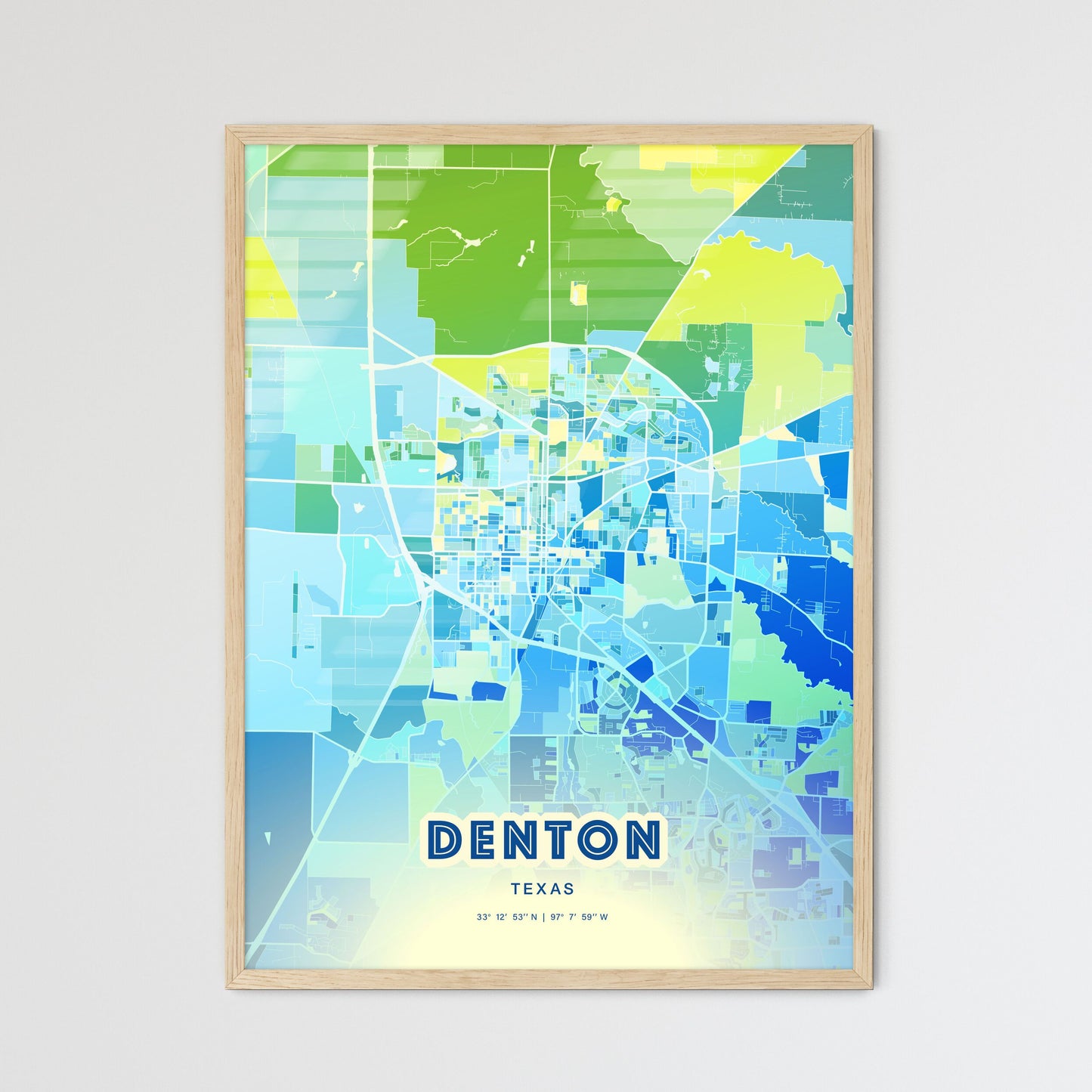 Colorful Denton Texas Fine Art Map Cool Blue