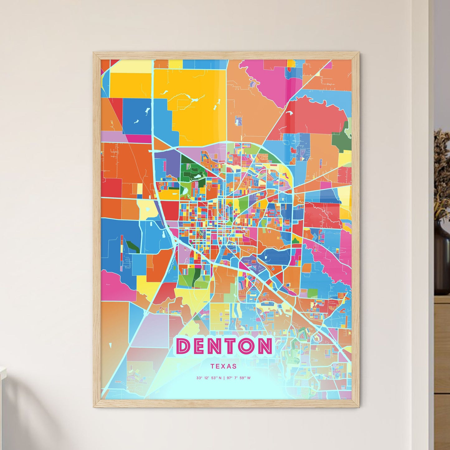 Colorful Denton Texas Fine Art Map Crazy Colors