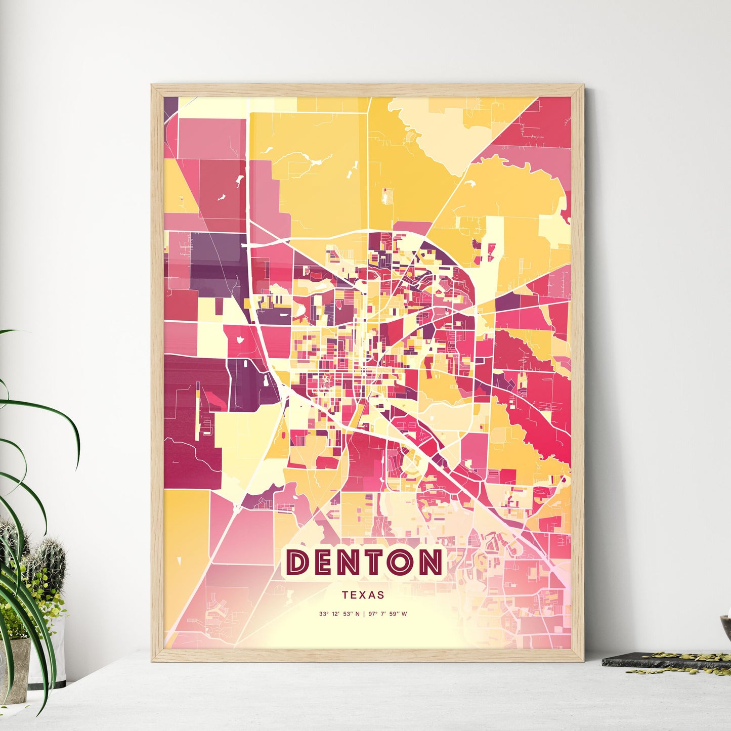 Colorful Denton Texas Fine Art Map Hot Red
