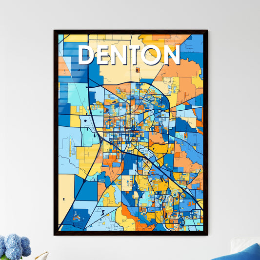 DENTON TEXAS Vibrant Colorful Art Map Poster Blue Orange