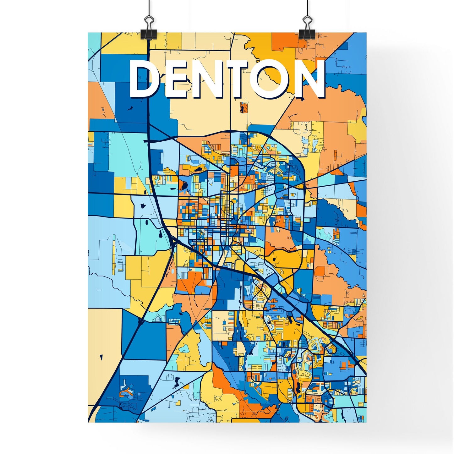 DENTON TEXAS Vibrant Colorful Art Map Poster Blue Orange