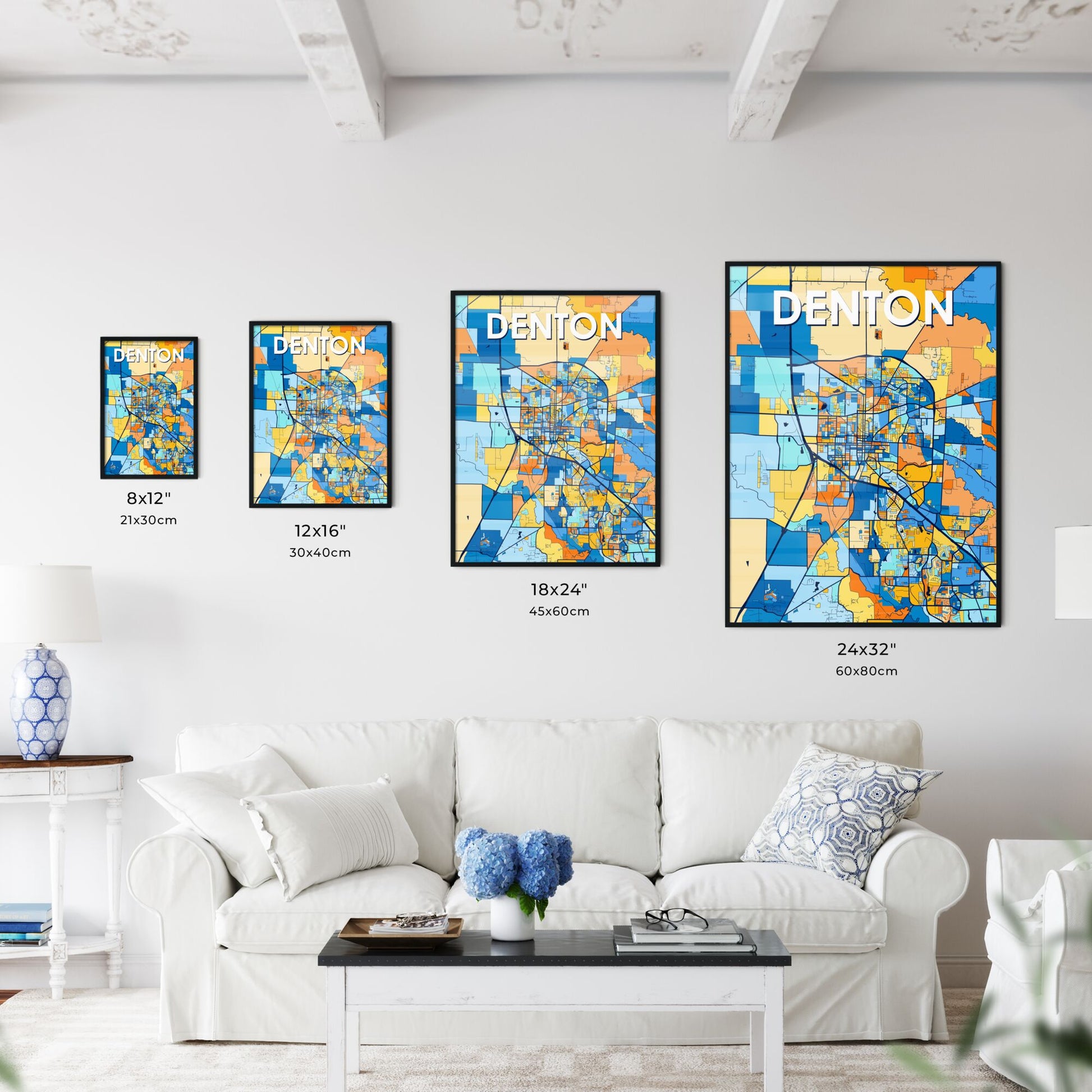 DENTON TEXAS Vibrant Colorful Art Map Poster Blue Orange