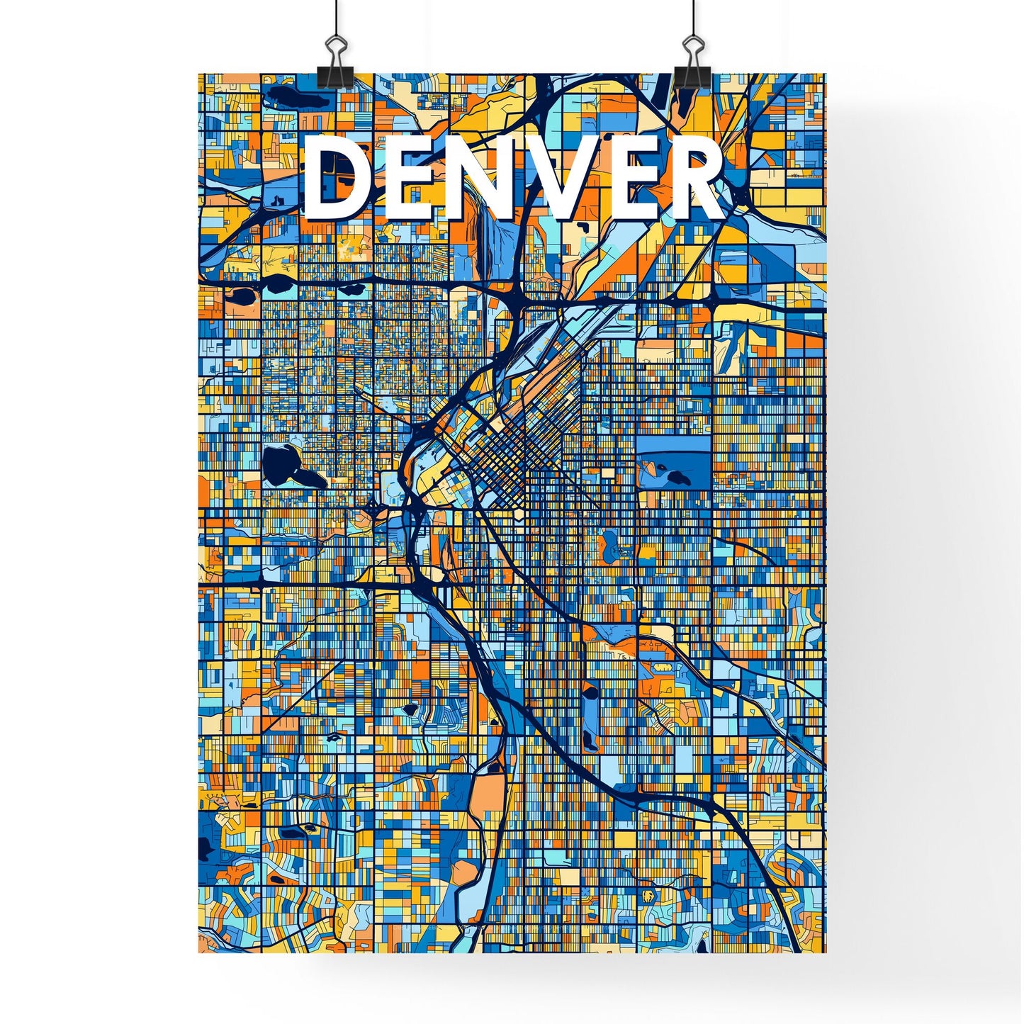 DENVER COLORADO Vibrant Colorful Art Map Poster Blue Orange