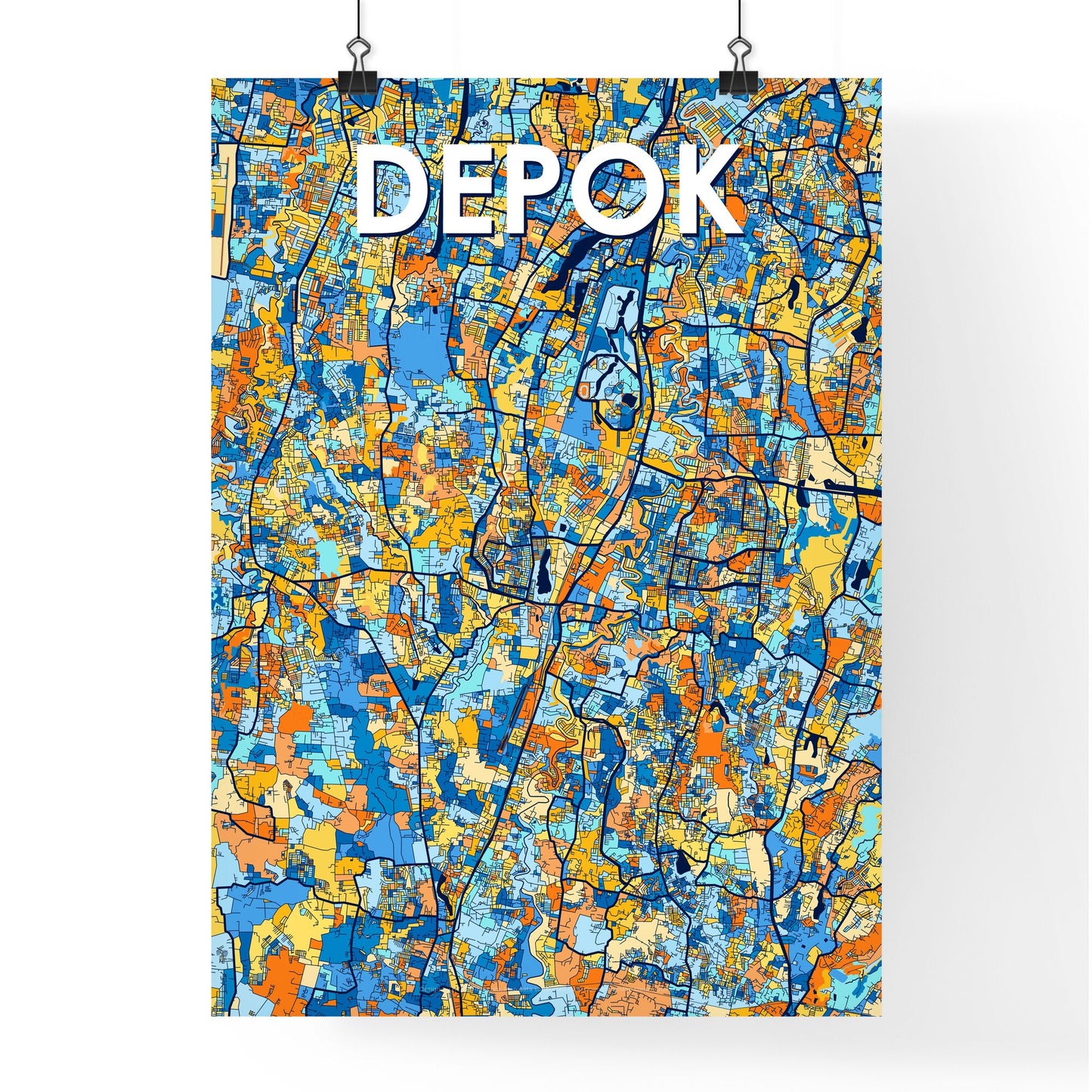 DEPOK INDONESIA Vibrant Colorful Art Map Poster Blue Orange