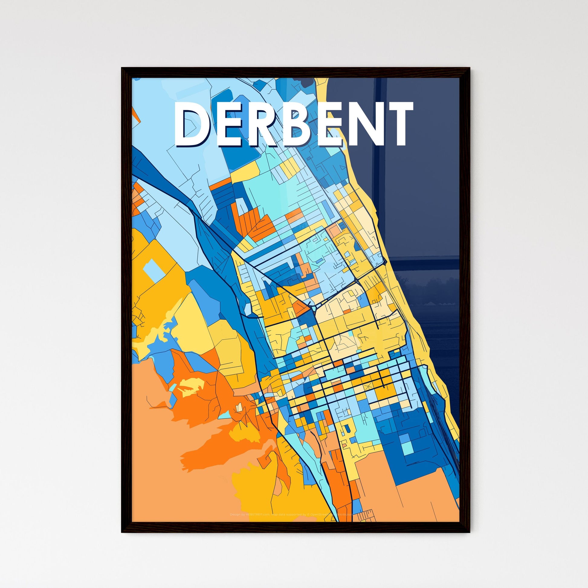 DERBENT RUSSIA Vibrant Colorful Art Map Poster Blue Orange