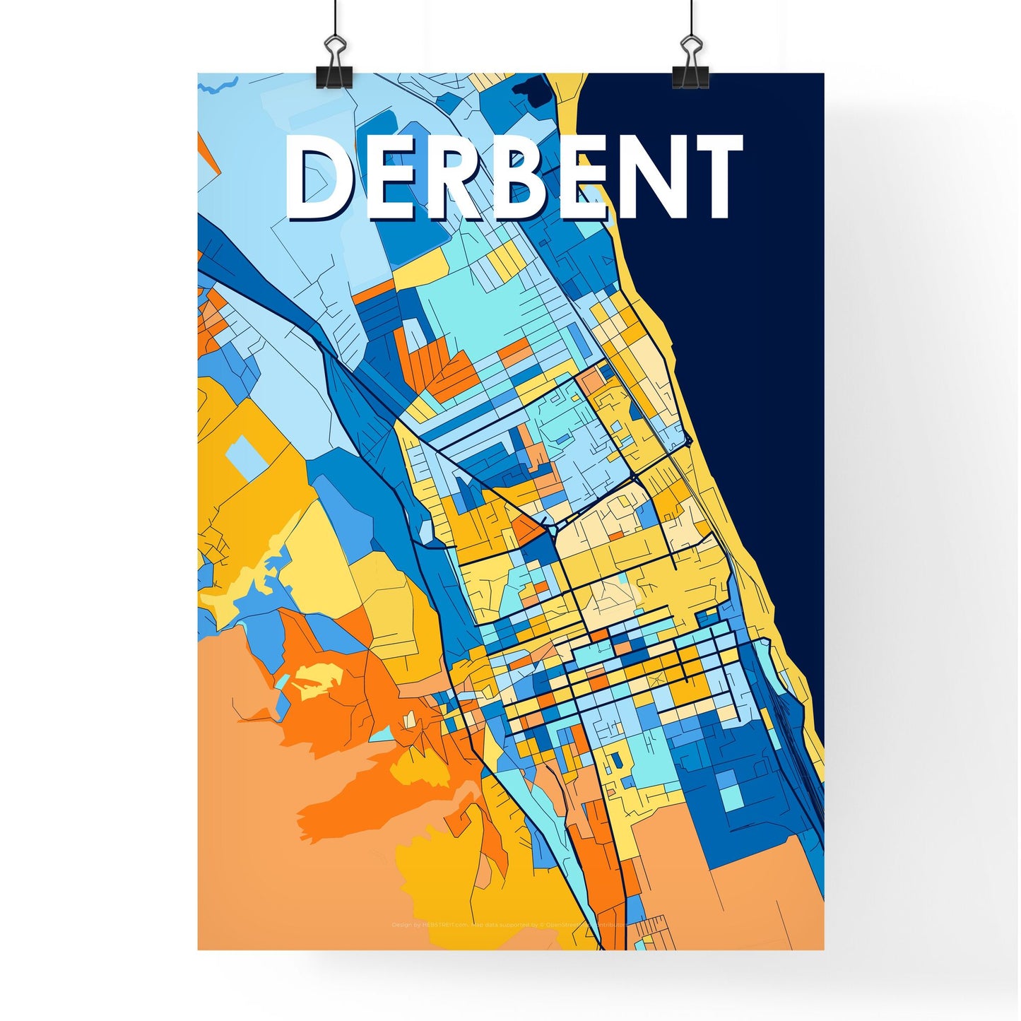 DERBENT RUSSIA Vibrant Colorful Art Map Poster Blue Orange