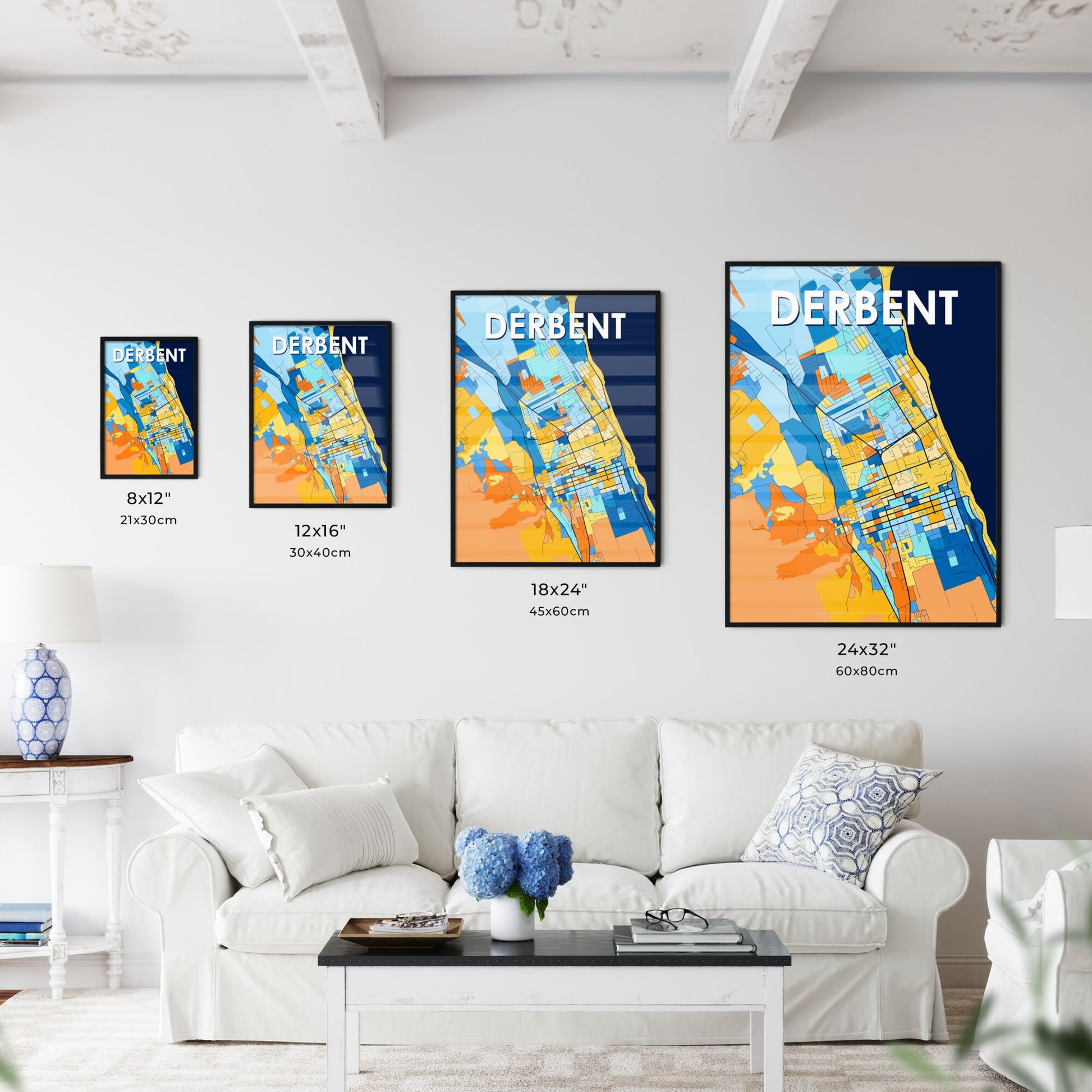 DERBENT RUSSIA Vibrant Colorful Art Map Poster Blue Orange