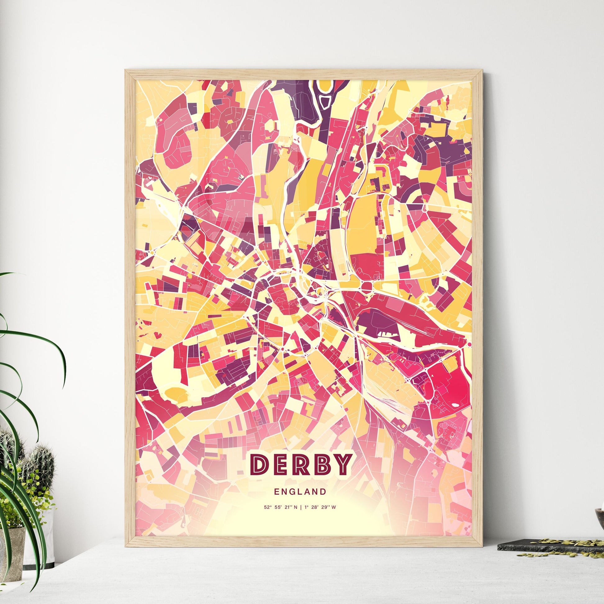 Colorful Derby England Fine Art Map Hot Red