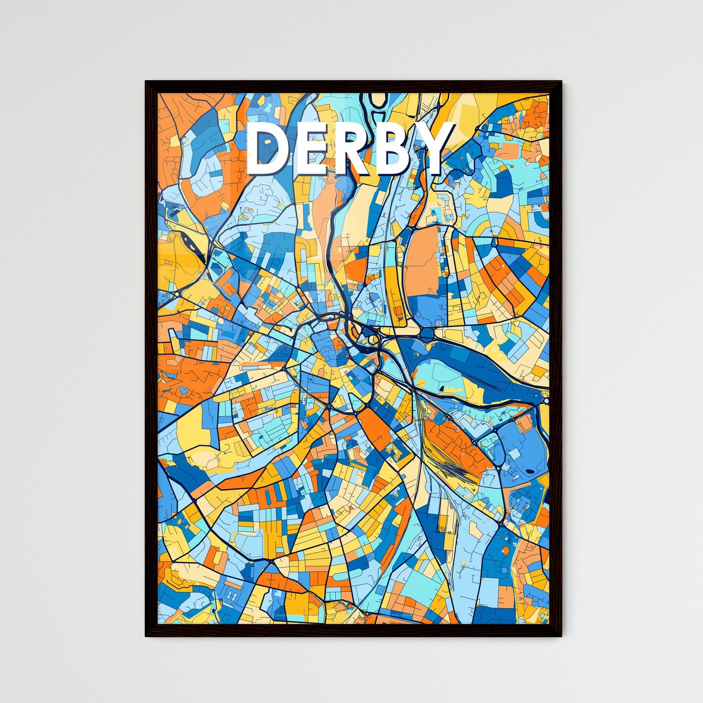 DERBY ENGLAND Vibrant Colorful Art Map Poster Blue Orange