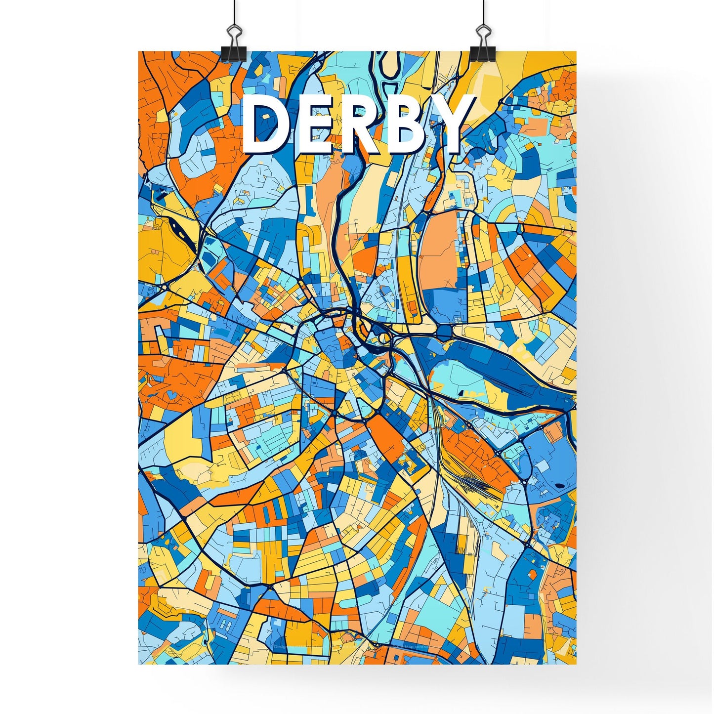 DERBY ENGLAND Vibrant Colorful Art Map Poster Blue Orange