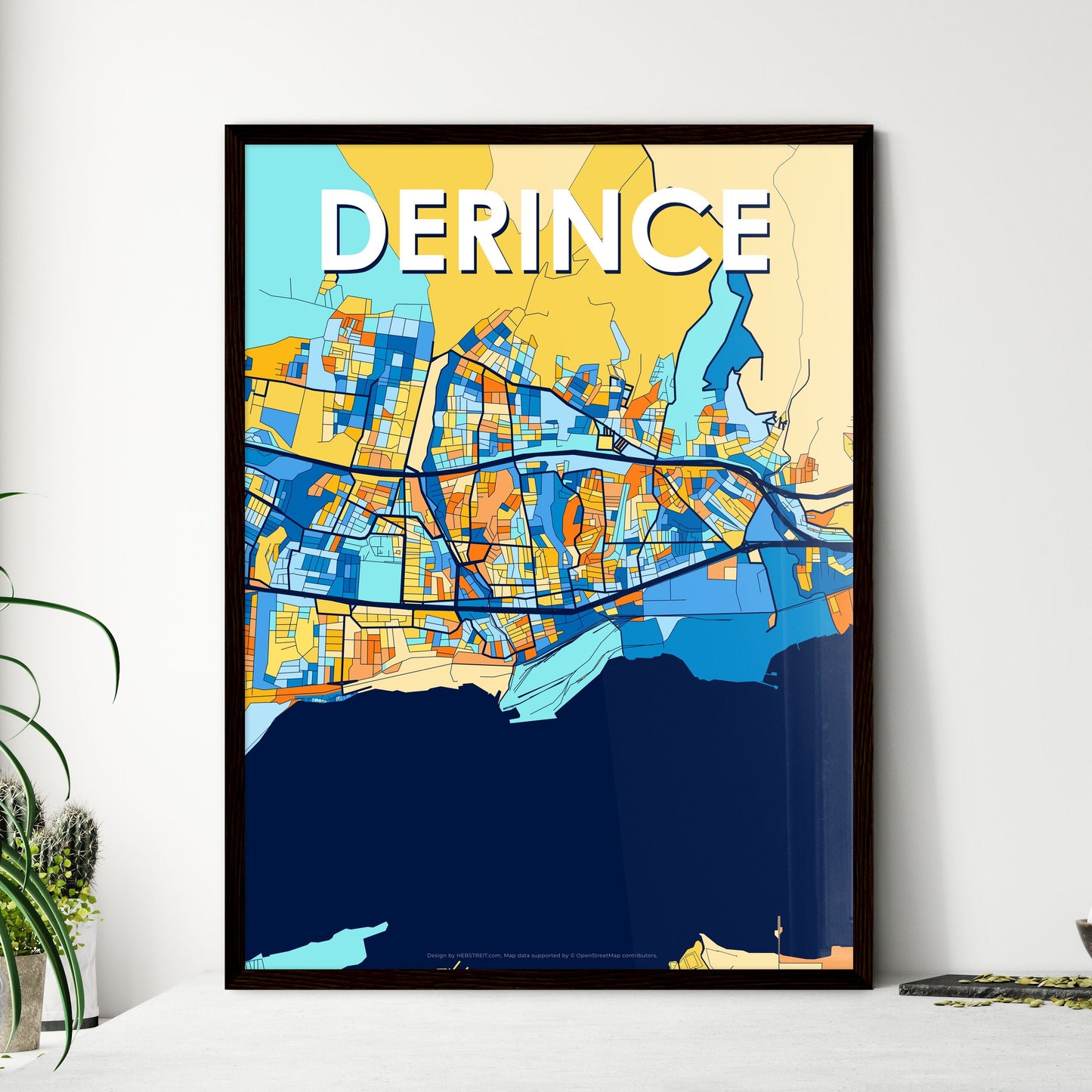 DERINCE TURKEY Vibrant Colorful Art Map Poster Blue Orange