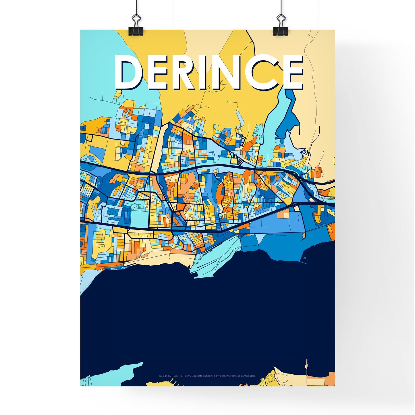 DERINCE TURKEY Vibrant Colorful Art Map Poster Blue Orange