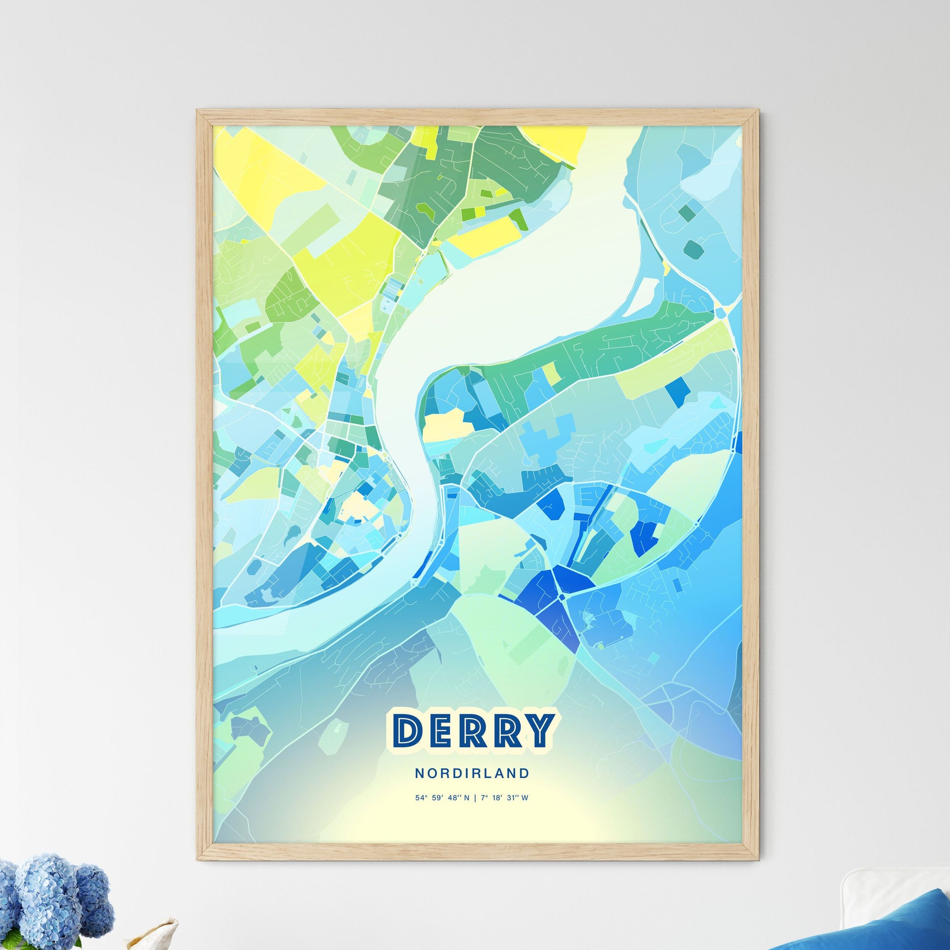 Colorful Derry Northern Ireland Fine Art Map Cool Blue
