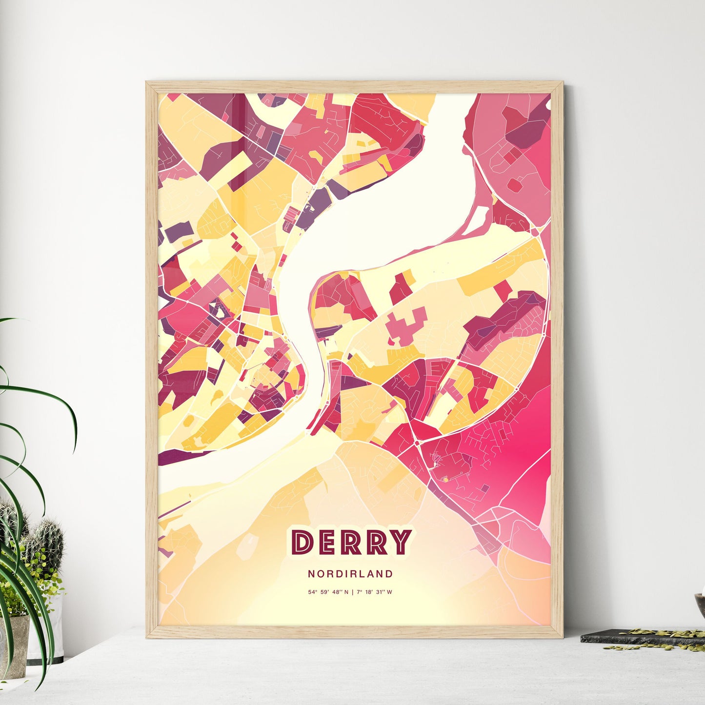 Colorful Derry Northern Ireland Fine Art Map Hot Red