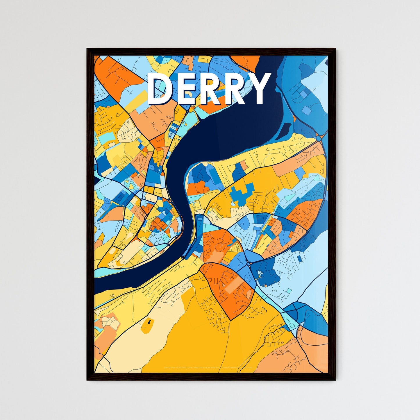 DERRY NORTHERN IRELAND Vibrant Colorful Art Map Poster Blue Orange