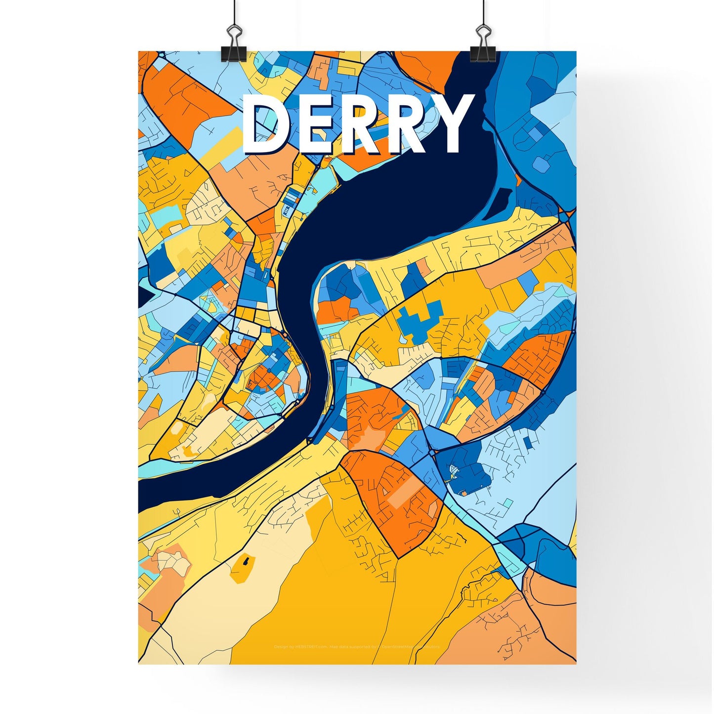 DERRY NORTHERN IRELAND Vibrant Colorful Art Map Poster Blue Orange