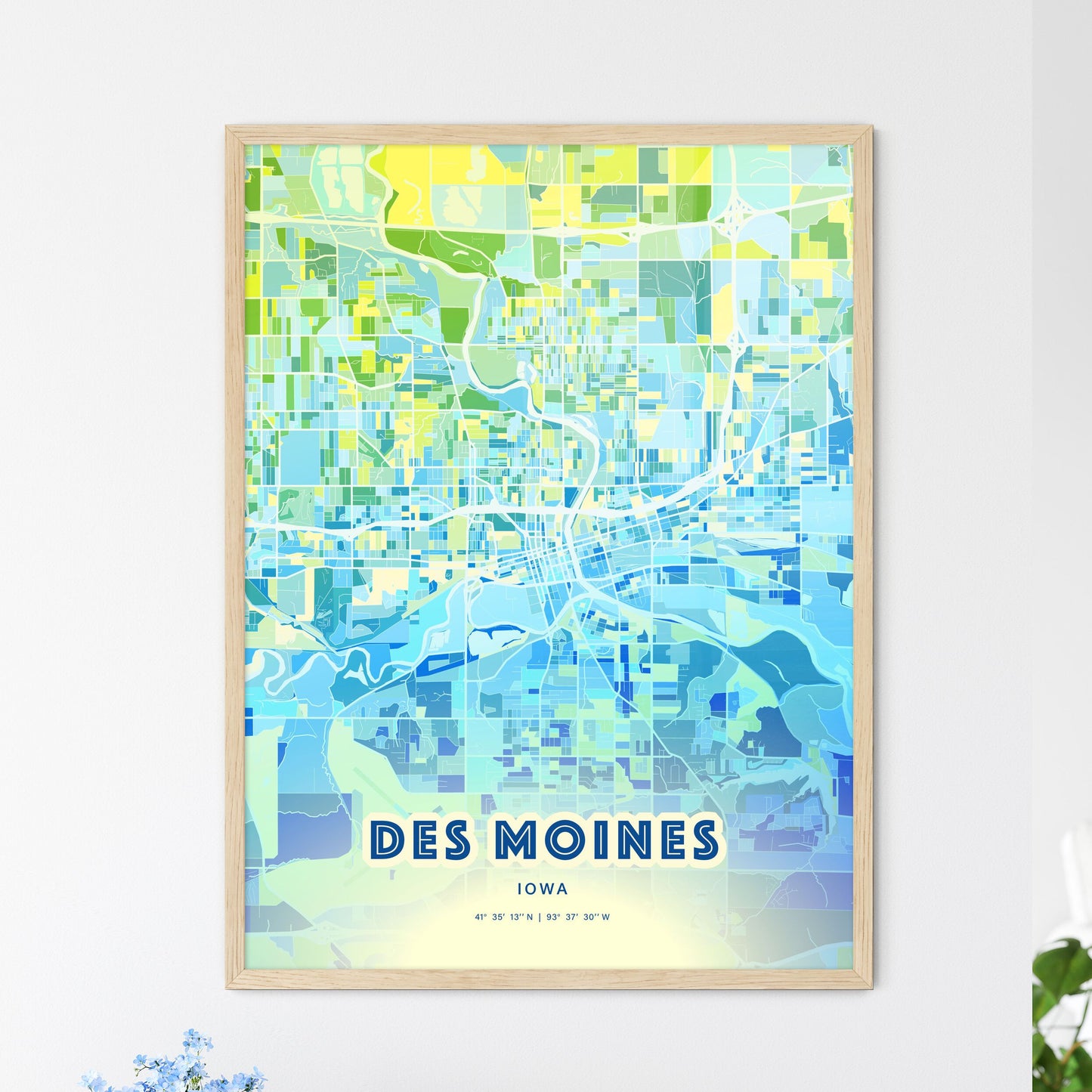 Colorful Des Moines Iowa Fine Art Map Cool Blue