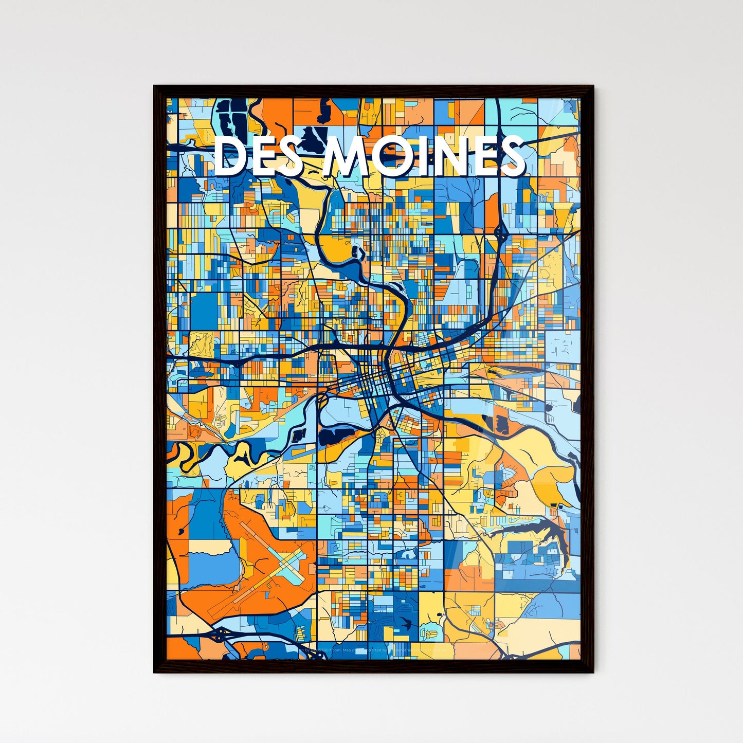 DES MOINES IOWA Vibrant Colorful Art Map Poster Blue Orange