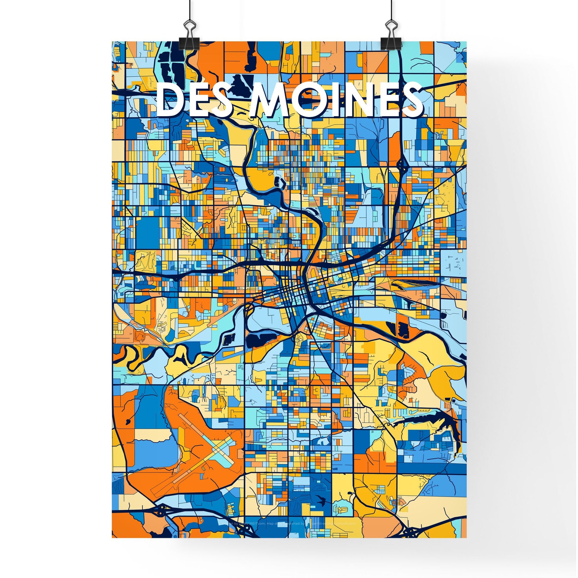 DES MOINES IOWA Vibrant Colorful Art Map Poster Blue Orange