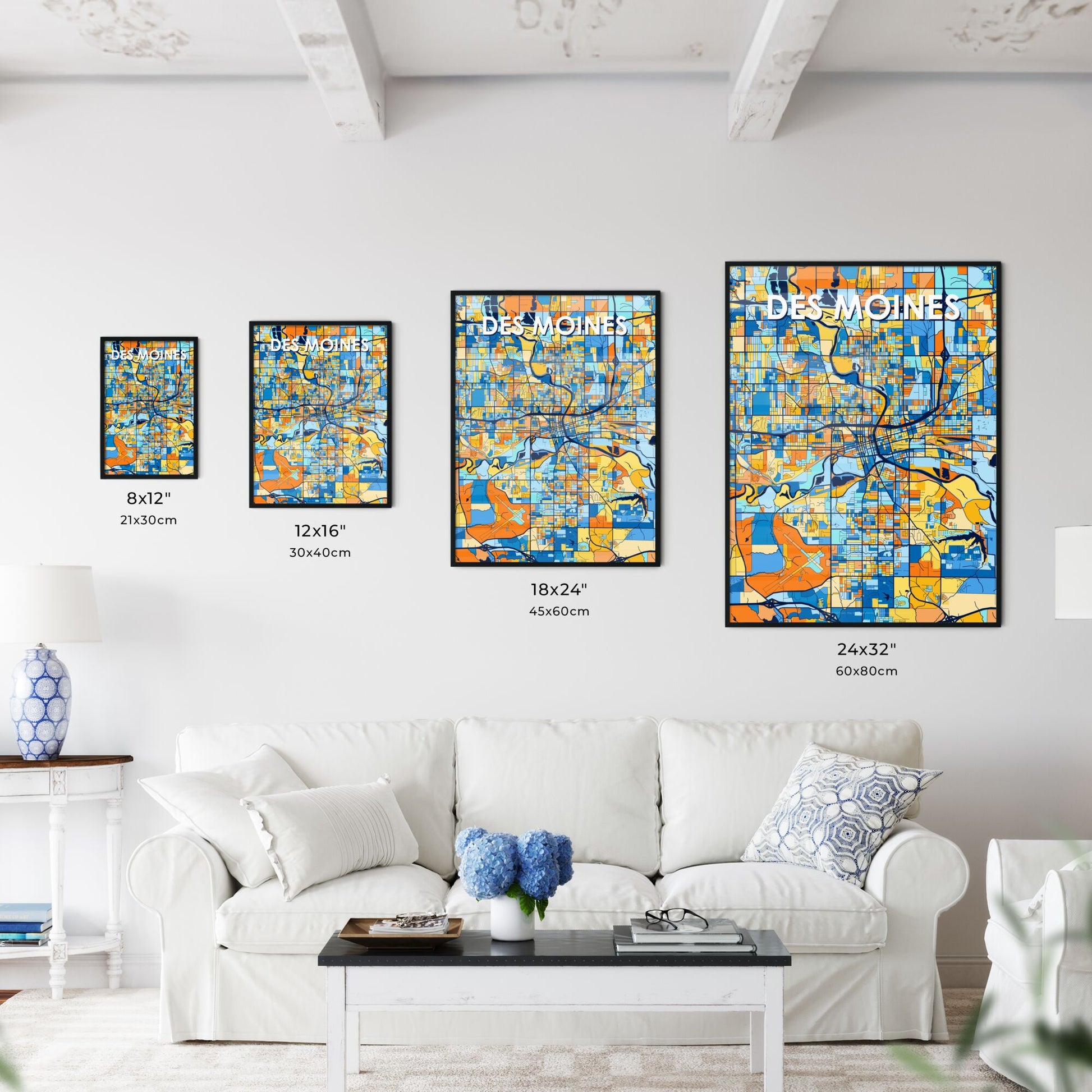 DES MOINES IOWA Vibrant Colorful Art Map Poster Blue Orange