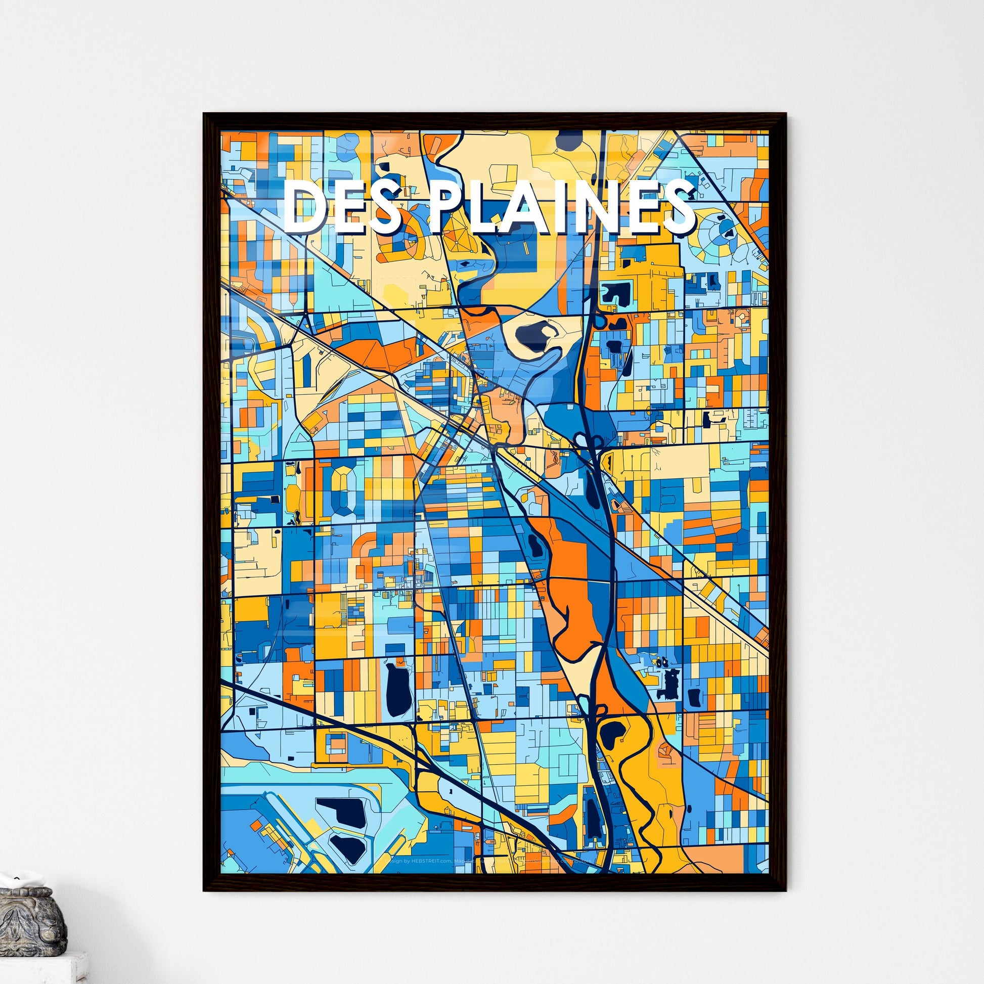 DES PLAINES ILLINOIS Vibrant Colorful Art Map Poster Blue Orange