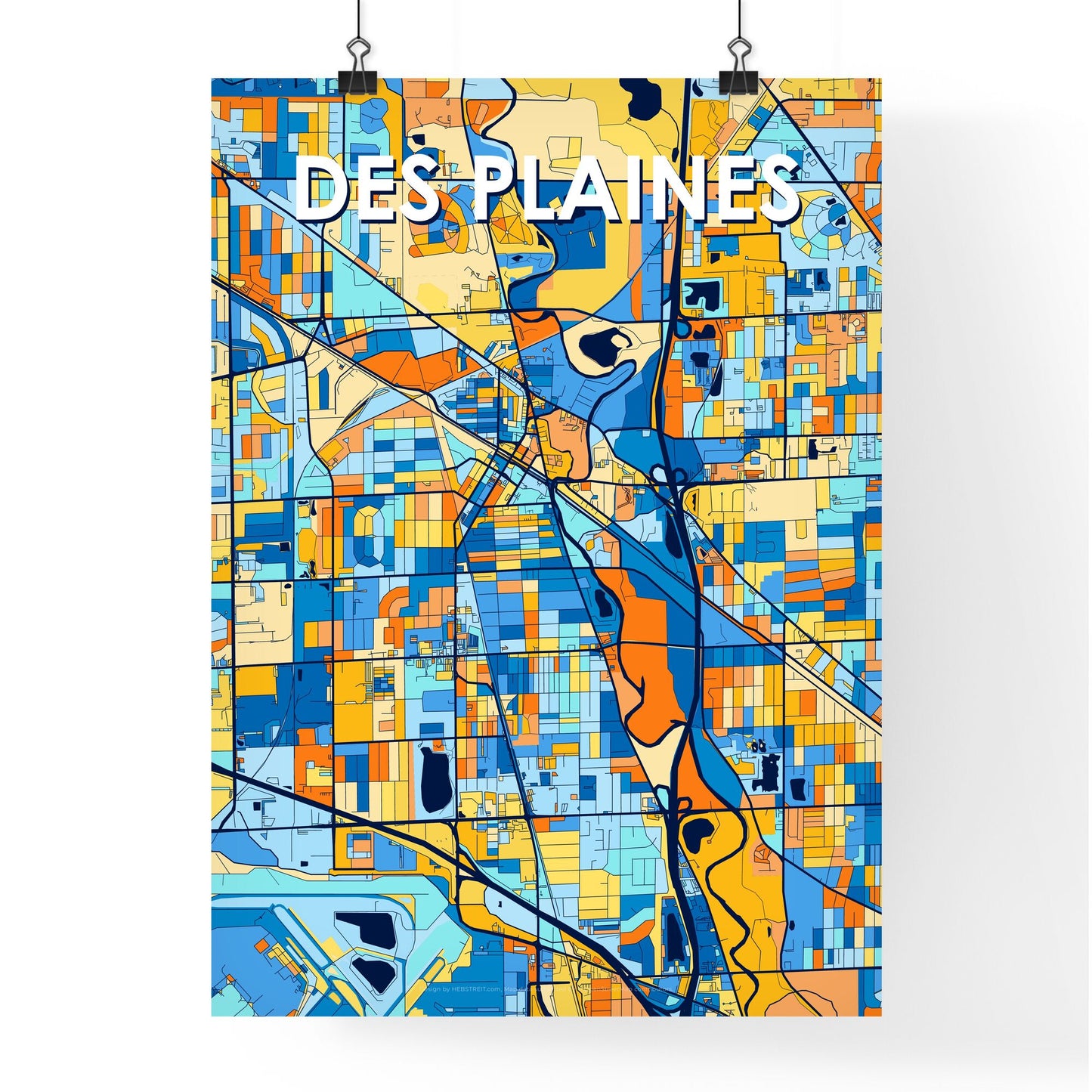 DES PLAINES ILLINOIS Vibrant Colorful Art Map Poster Blue Orange