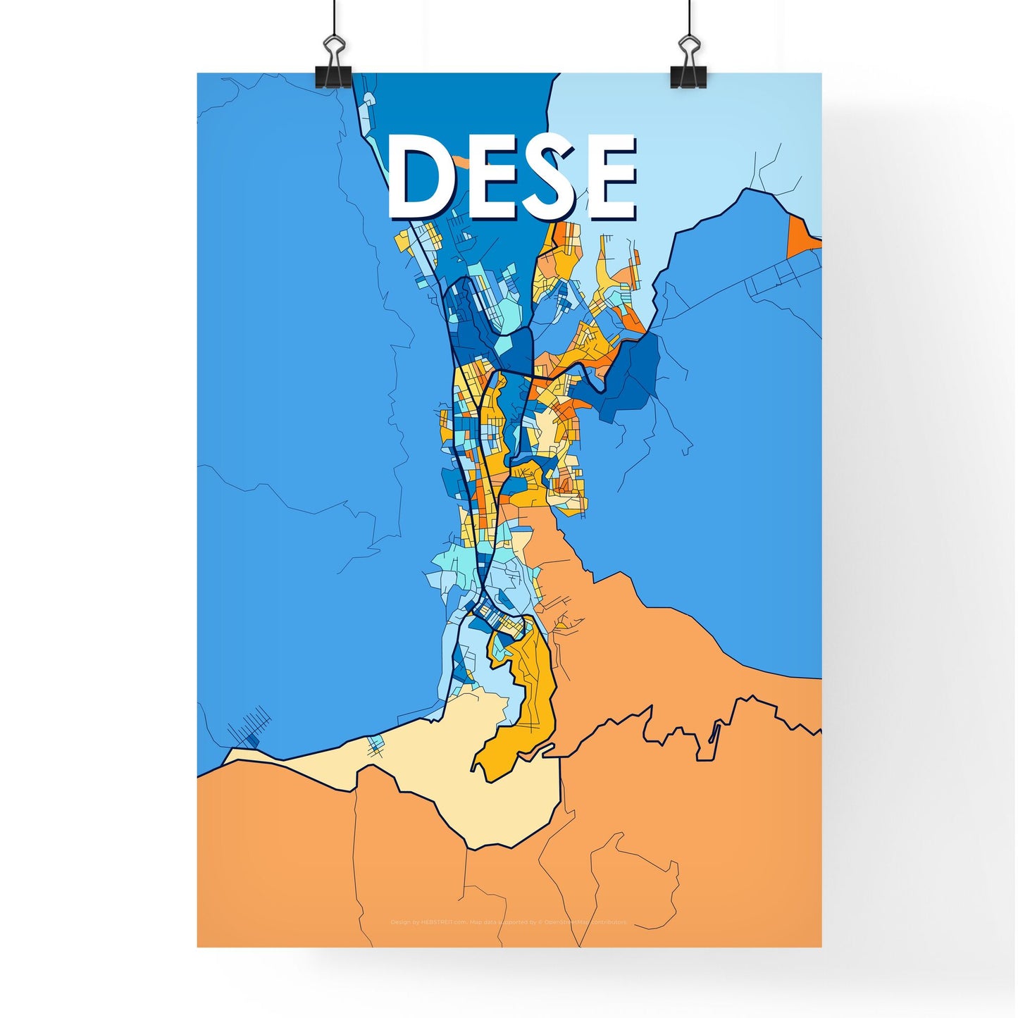 DESE ETHIOPIA Vibrant Colorful Art Map Poster Blue Orange