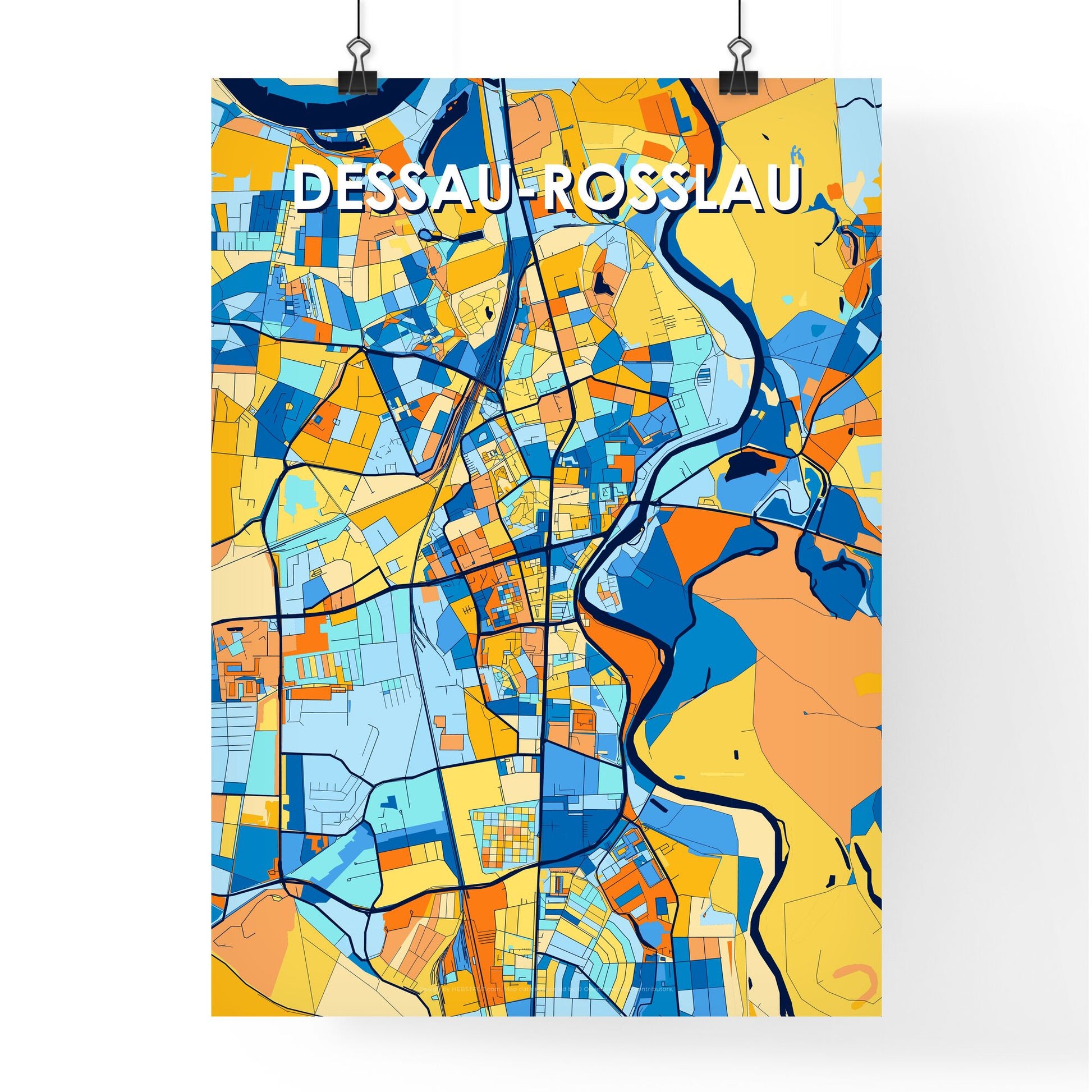 DESSAU-ROSSLAU GERMANY Vibrant Colorful Art Map Poster Blue Orange