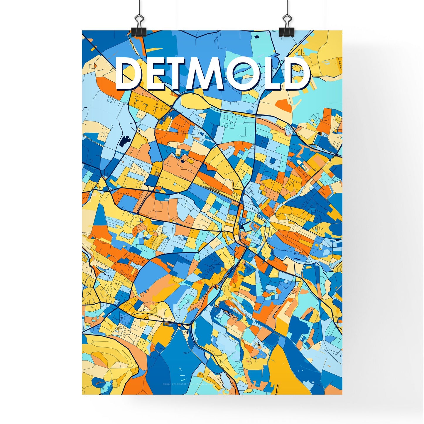 DETMOLD GERMANY Vibrant Colorful Art Map Poster Blue Orange