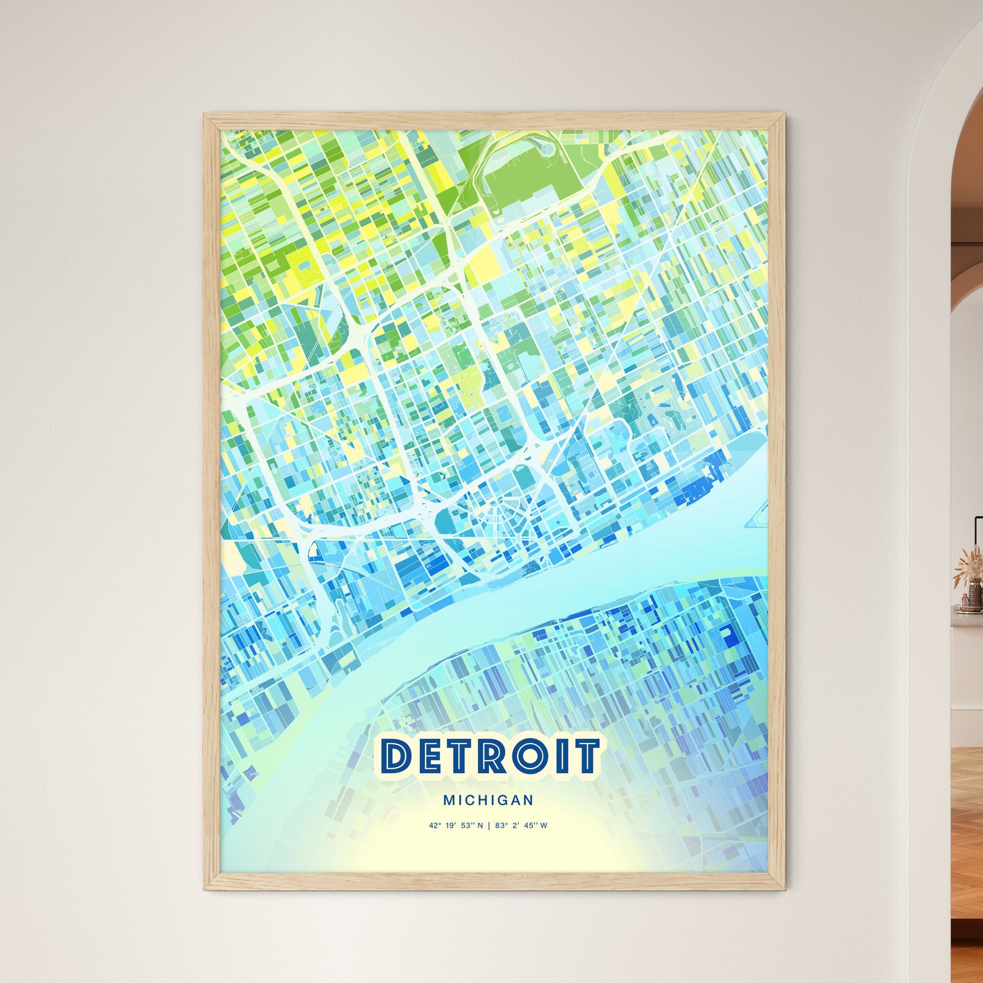 Colorful Detroit Michigan Fine Art Map Cool Blue