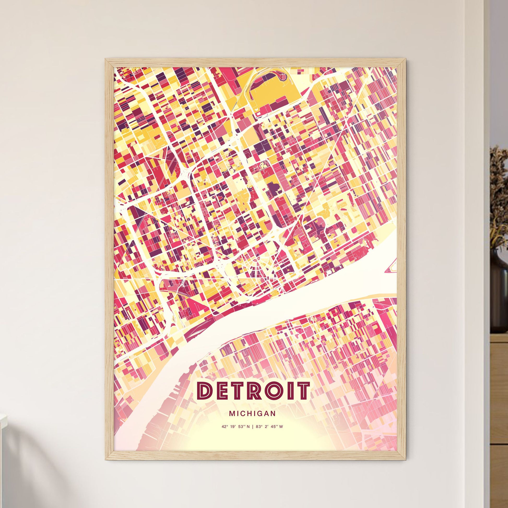 Colorful Detroit Michigan Fine Art Map Hot Red