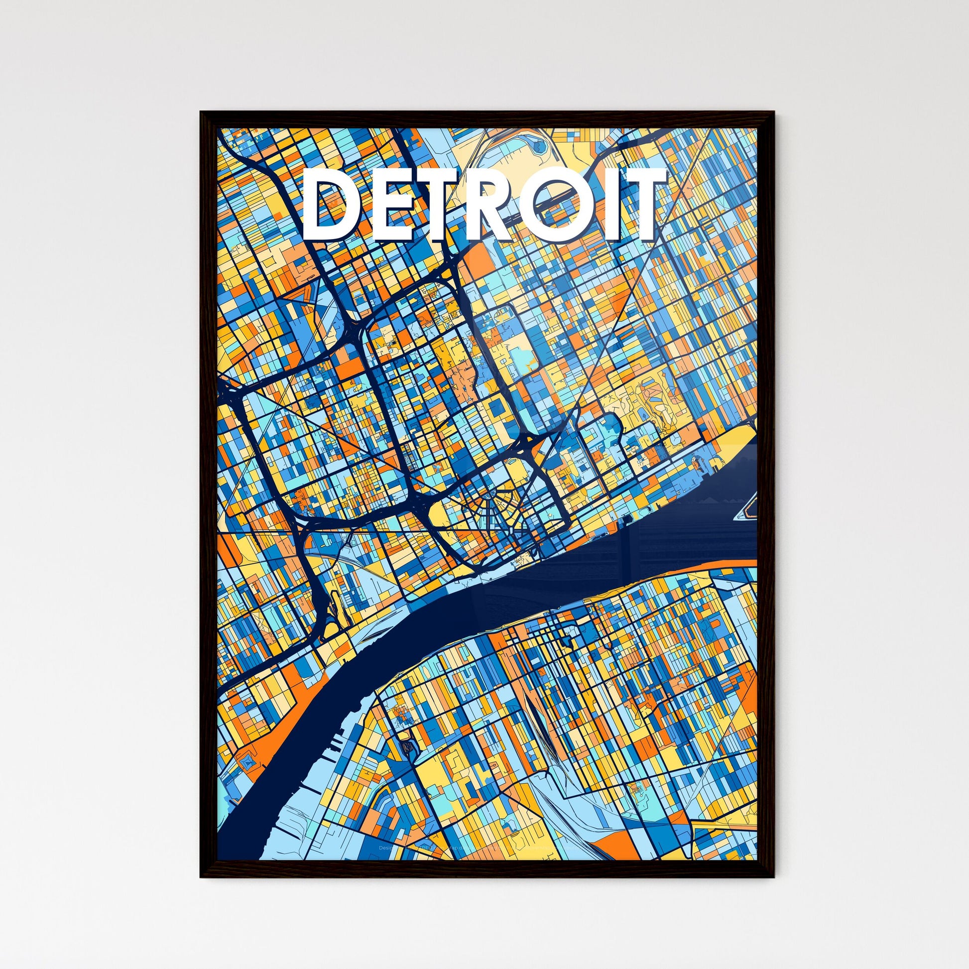 DETROIT MICHIGAN Vibrant Colorful Art Map Poster Blue Orange