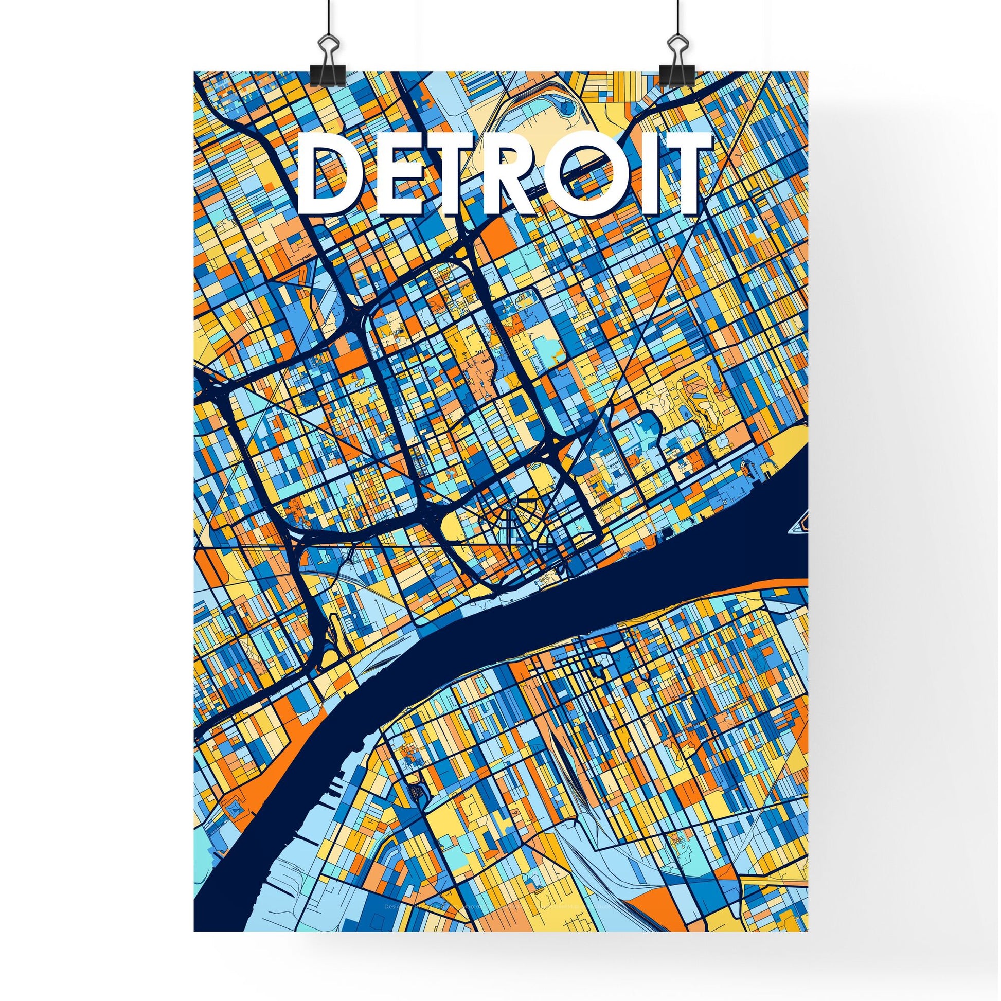 DETROIT MICHIGAN Vibrant Colorful Art Map Poster Blue Orange