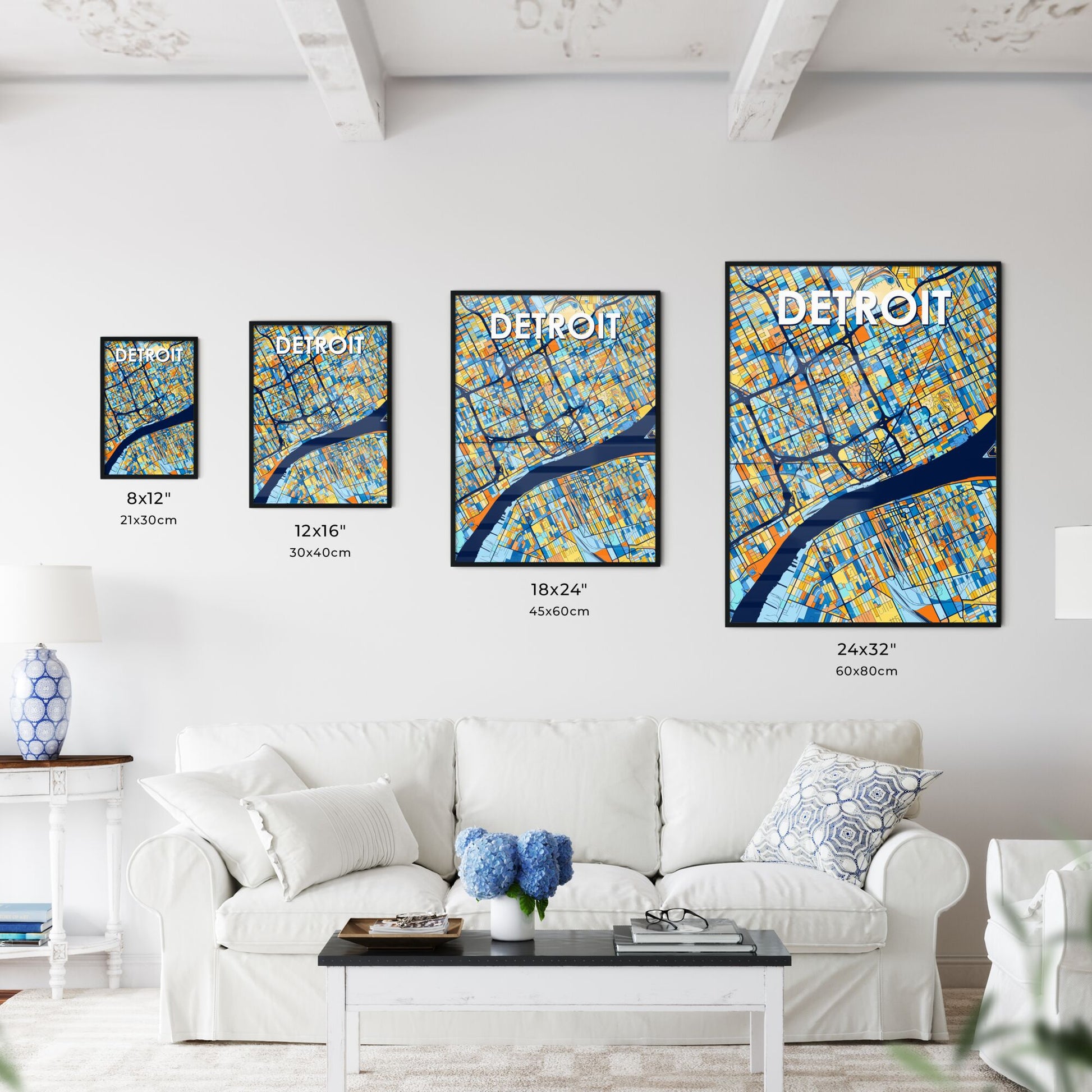 DETROIT MICHIGAN Vibrant Colorful Art Map Poster Blue Orange