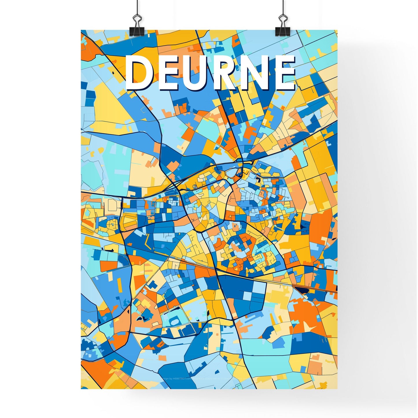 DEURNE NETHERLANDS Vibrant Colorful Art Map Poster Blue Orange