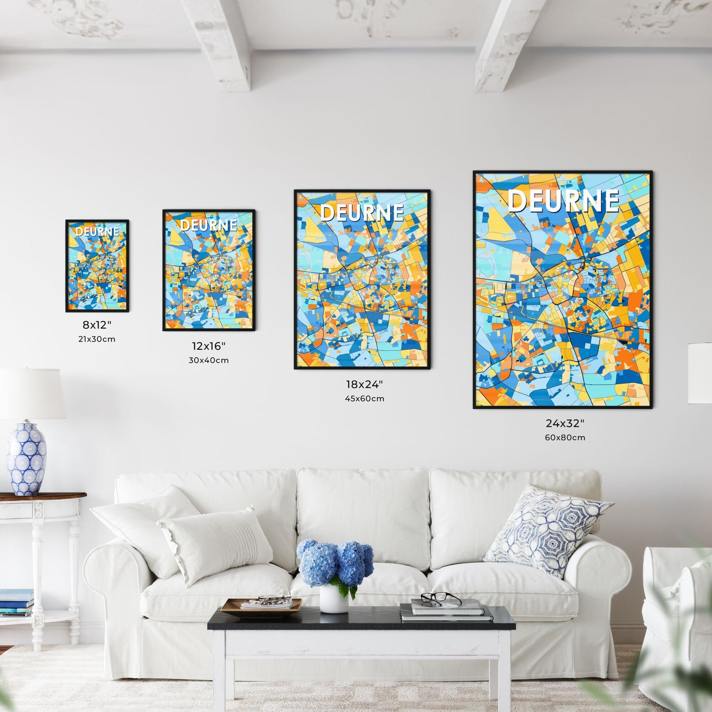 DEURNE NETHERLANDS Vibrant Colorful Art Map Poster Blue Orange