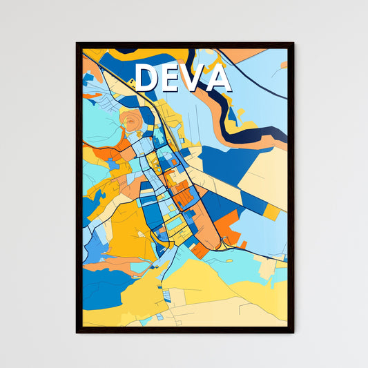 DEVA ROMANIA Vibrant Colorful Art Map Poster Blue Orange