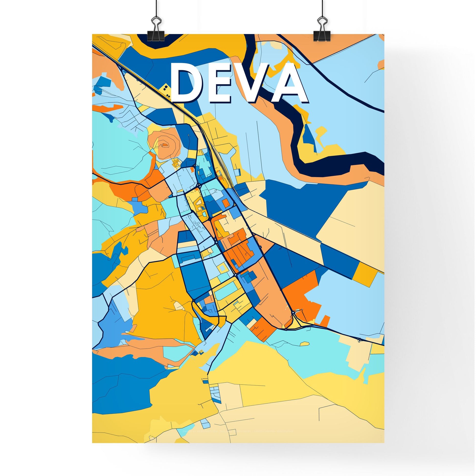 DEVA ROMANIA Vibrant Colorful Art Map Poster Blue Orange