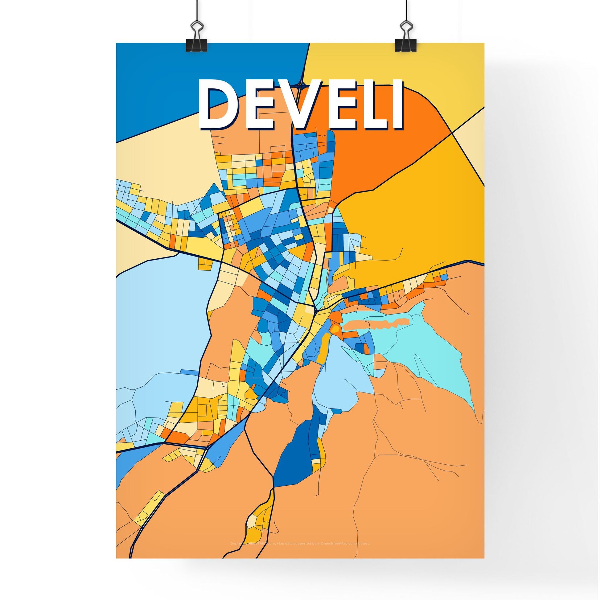 DEVELI TURKEY Vibrant Colorful Art Map Poster Blue Orange